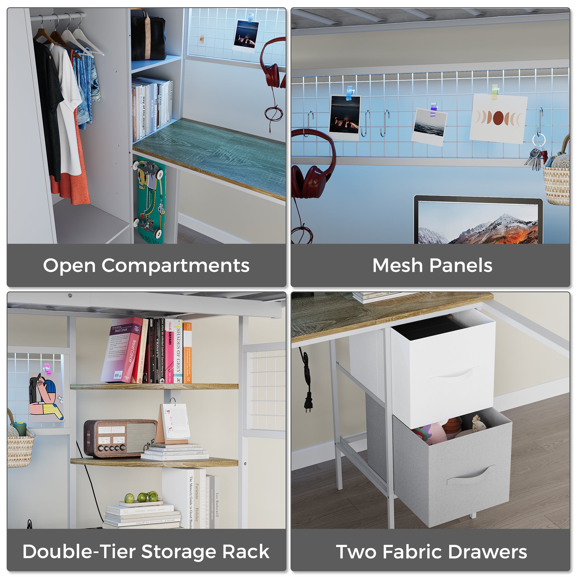 Advwin Space-Saving Loft Bed with LED Light & Drawers
