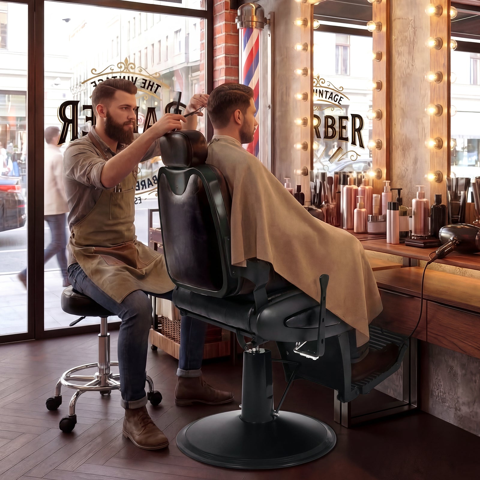 Barber cutting a customer's hair in a well-lit barber shop.