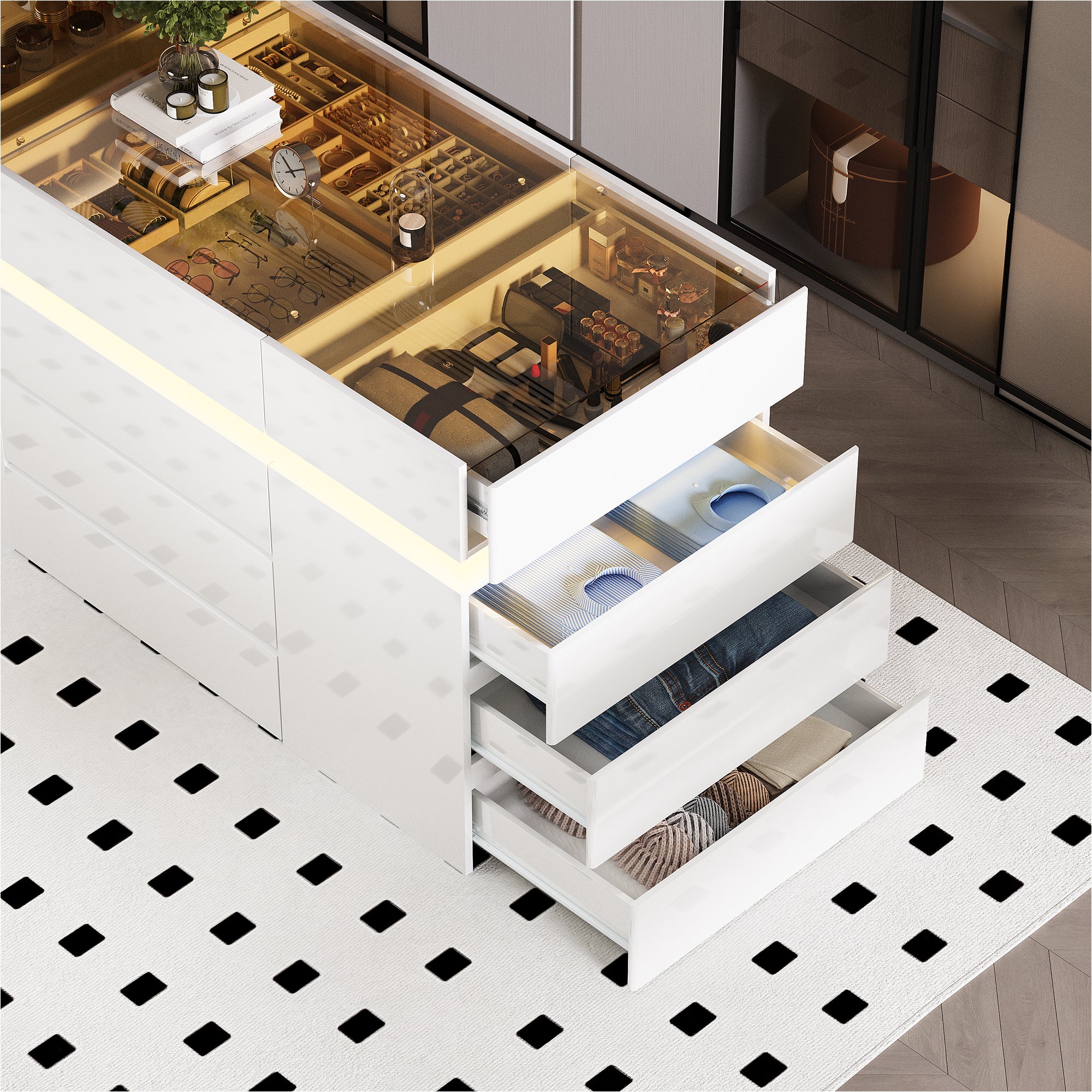 Modern kitchen with white cabinets and black diamond patterned floor.
