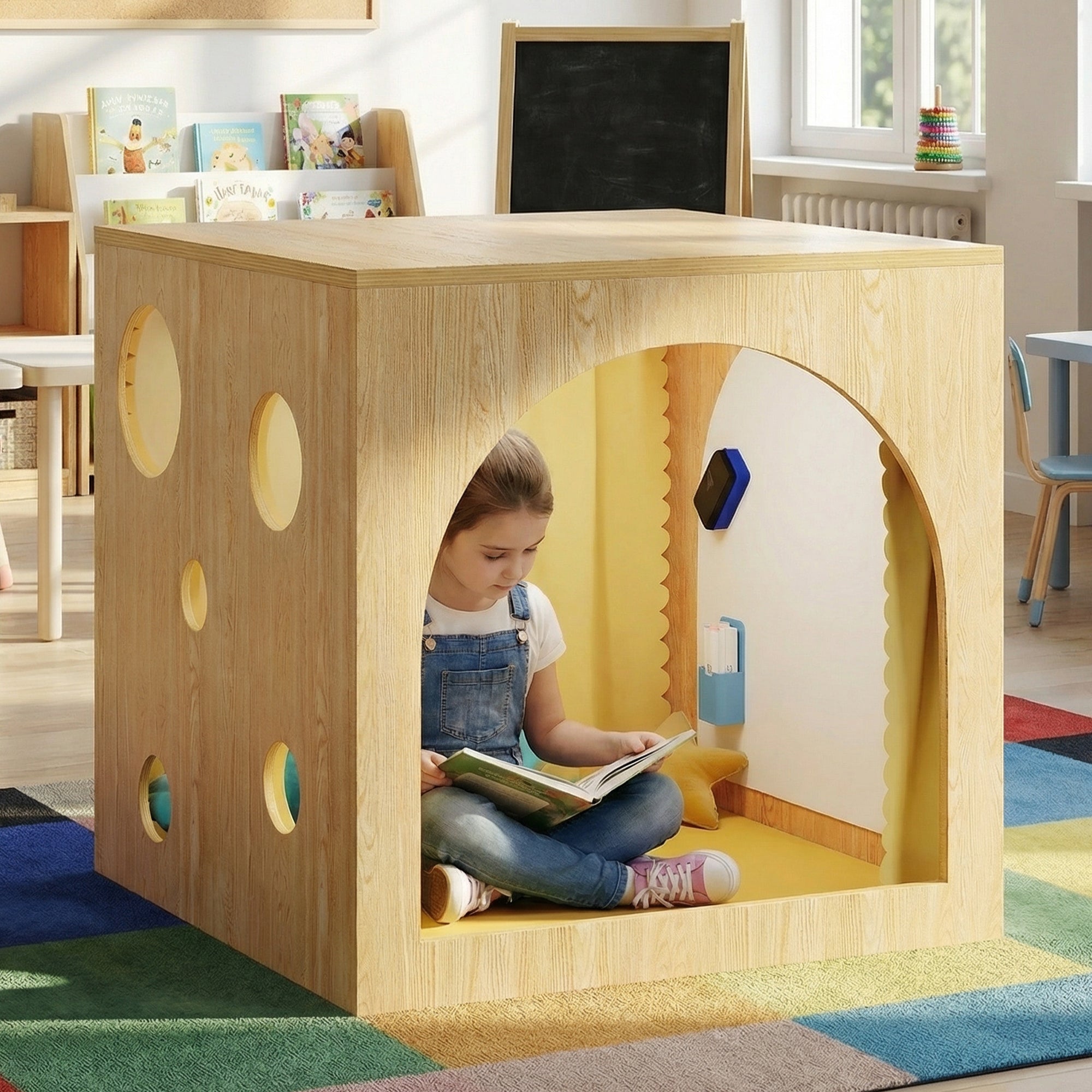 Child reading inside a wooden playhouse with colorful floor and classroom setting