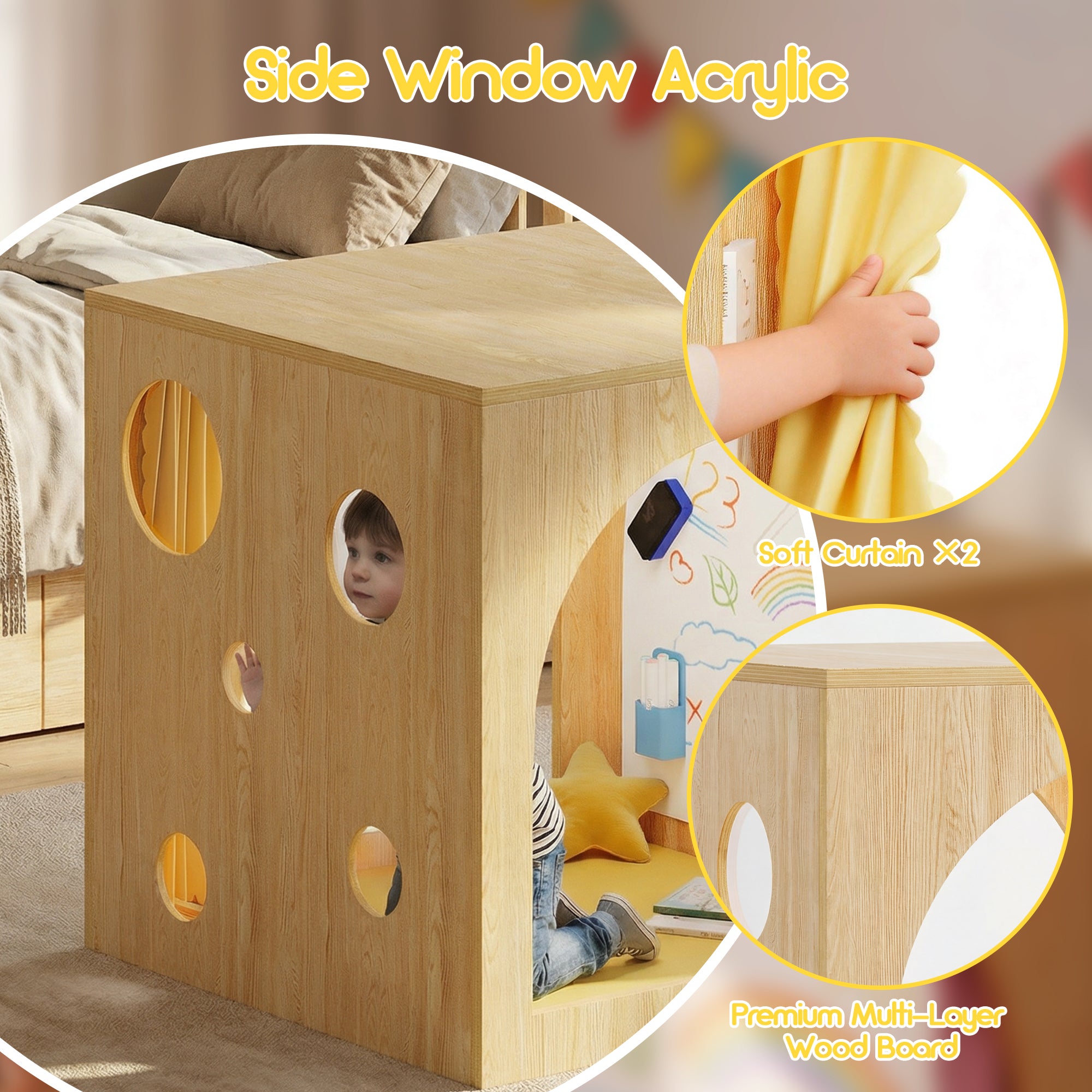 Wooden playhouse with side window acrylic, soft curtain, and premium multi-layer wood board details.