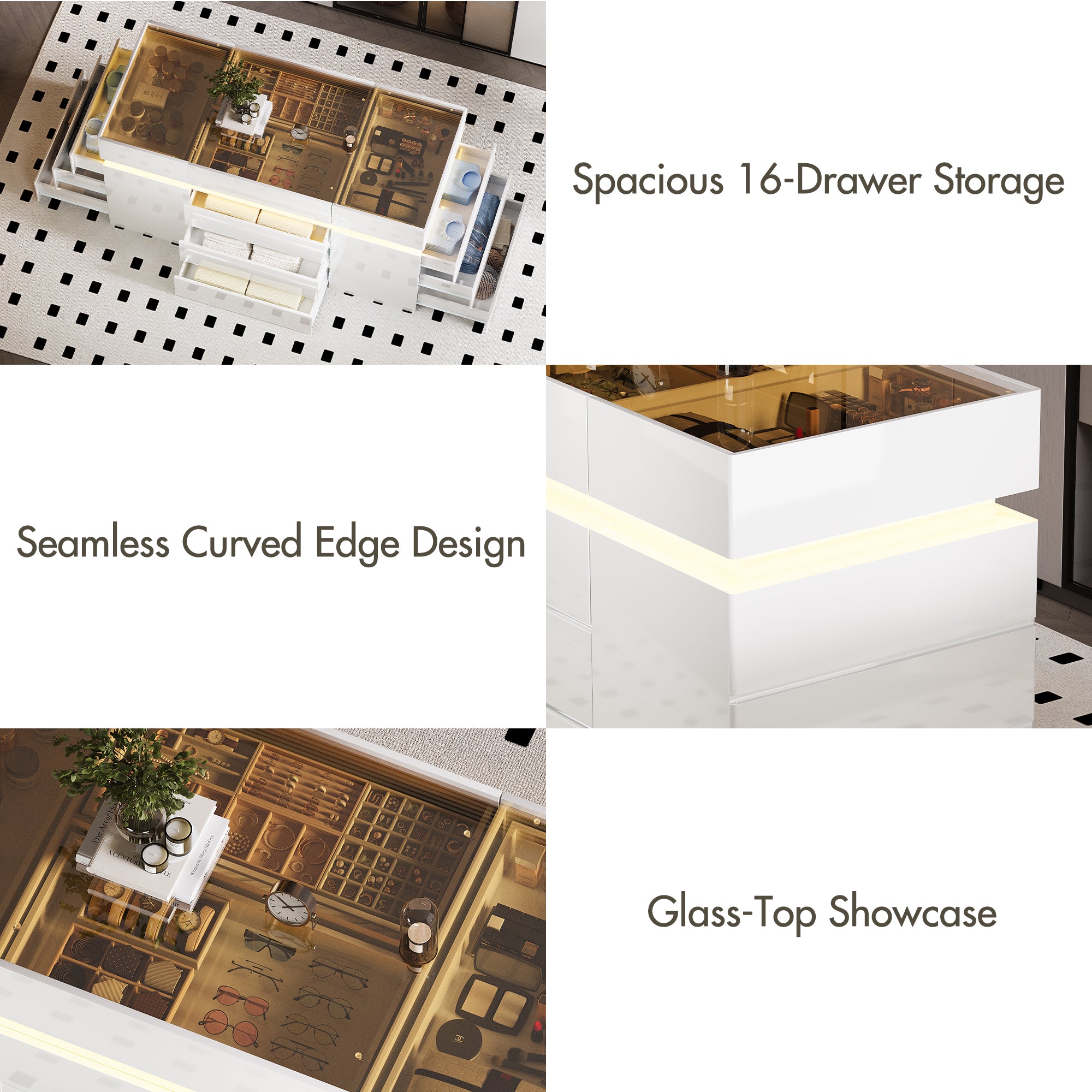 White storage unit with glass-top showcase, curved edge design, and 16-drawer storage.