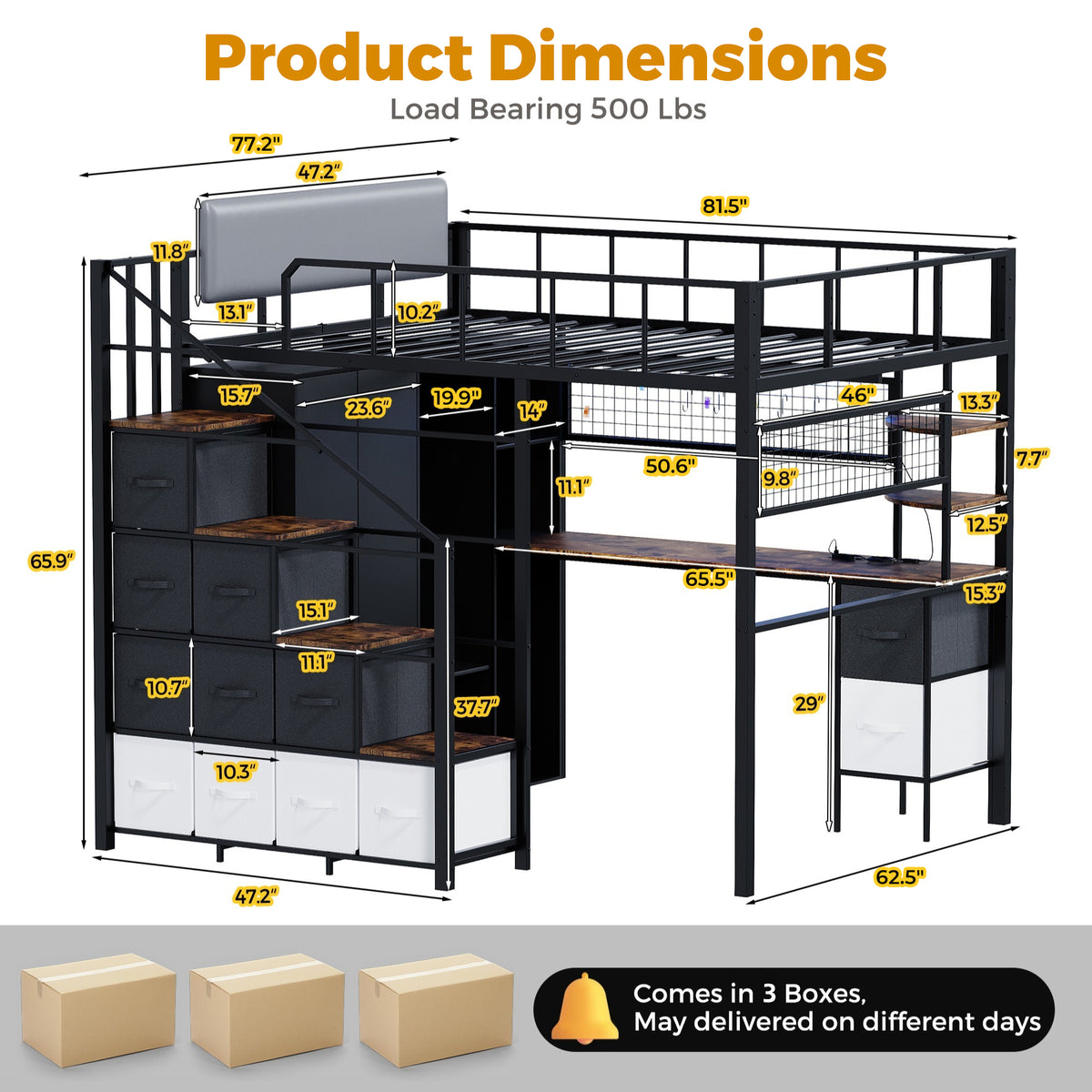 Advwin Space-Saving Loft Bed with LED Light & Drawers