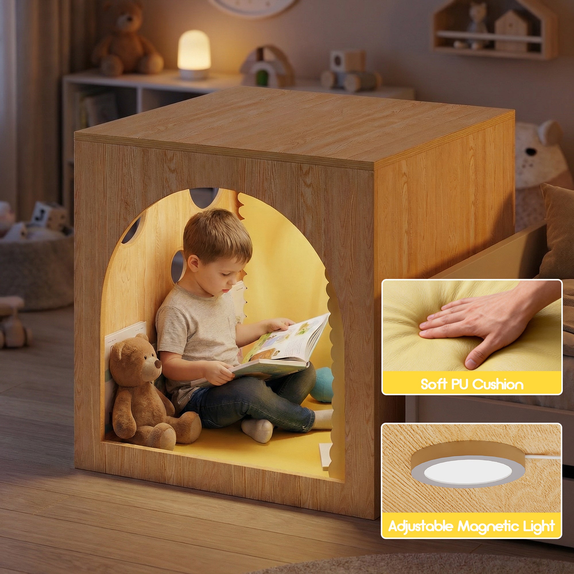 Child reading a book in a wooden playhouse with soft cushion and adjustable magnetic light.