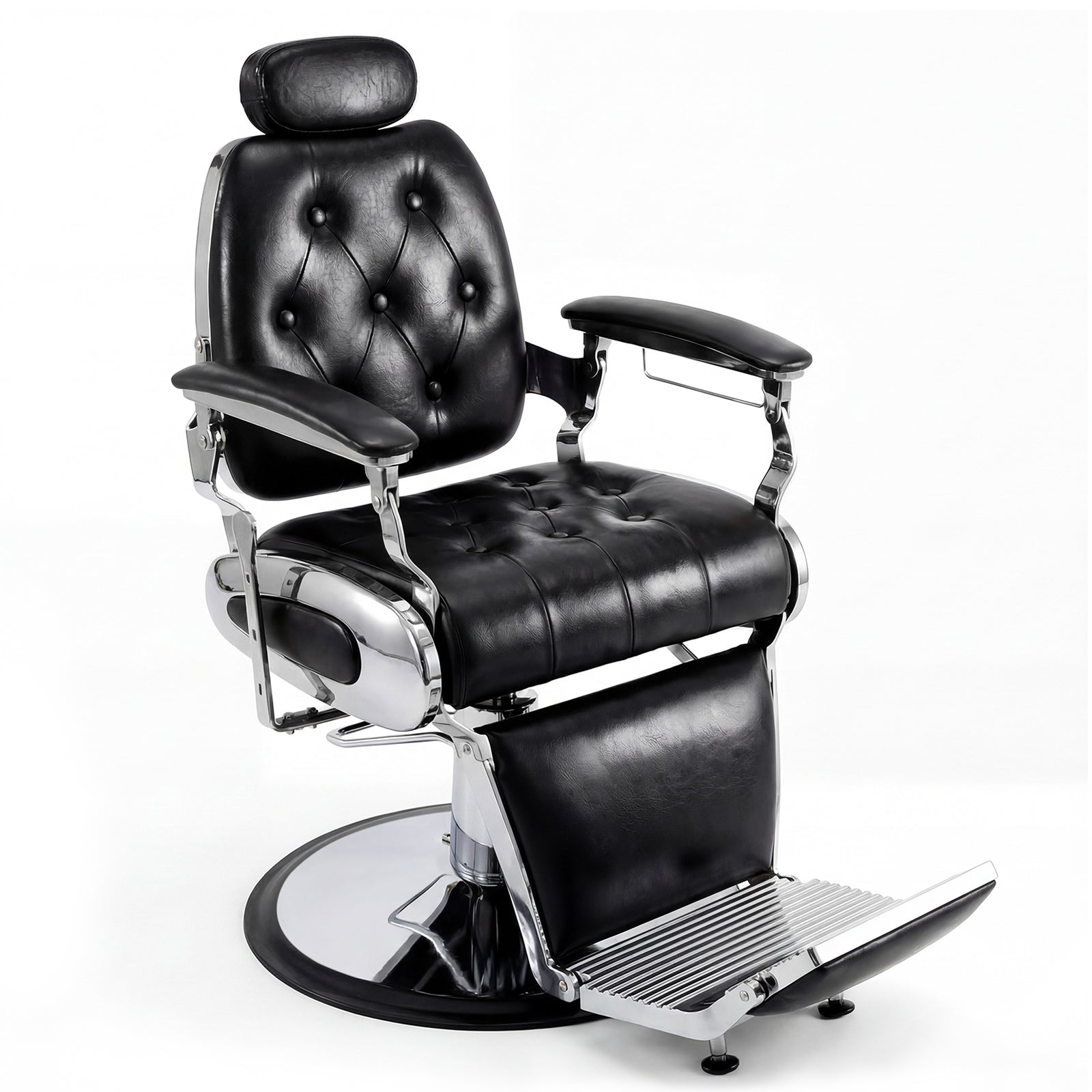 Black barber chair with chrome accents on a white background