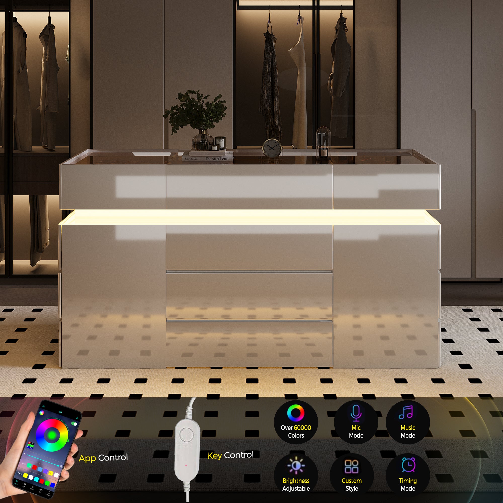 Modern vanity with LED lighting control panel and smartphone app on a patterned floor.