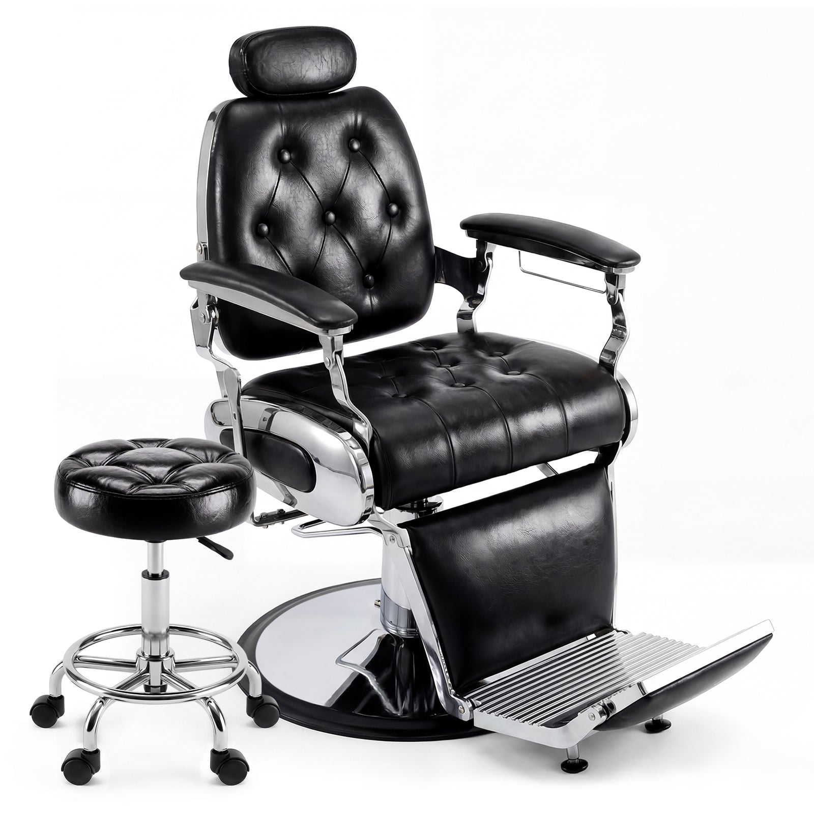 Black barber chair with chrome accents on a white background