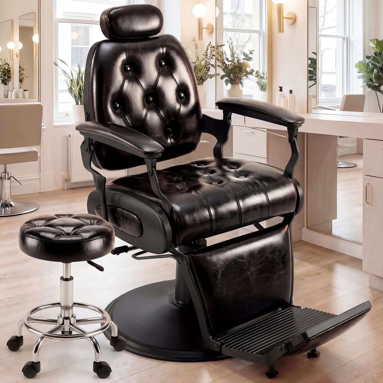 Black massage chair in a room with a desk and plants
