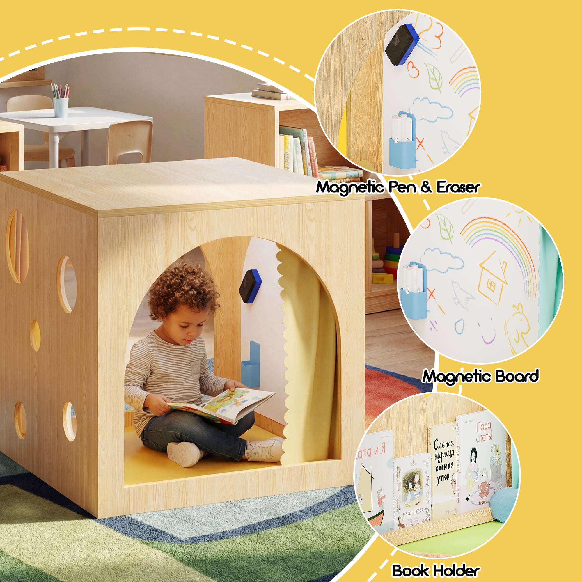 Child playing with a wooden playhouse with magnetic pen, eraser, board, and book holder features.