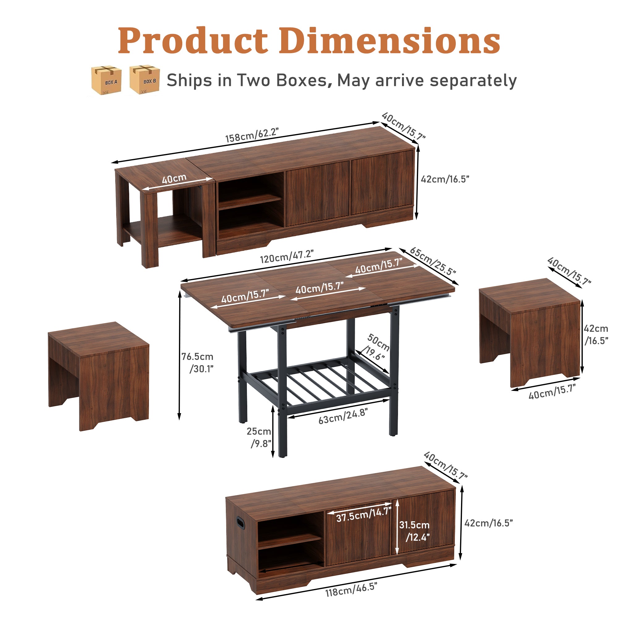 Wooden furniture set with dimensions labeled on a white background