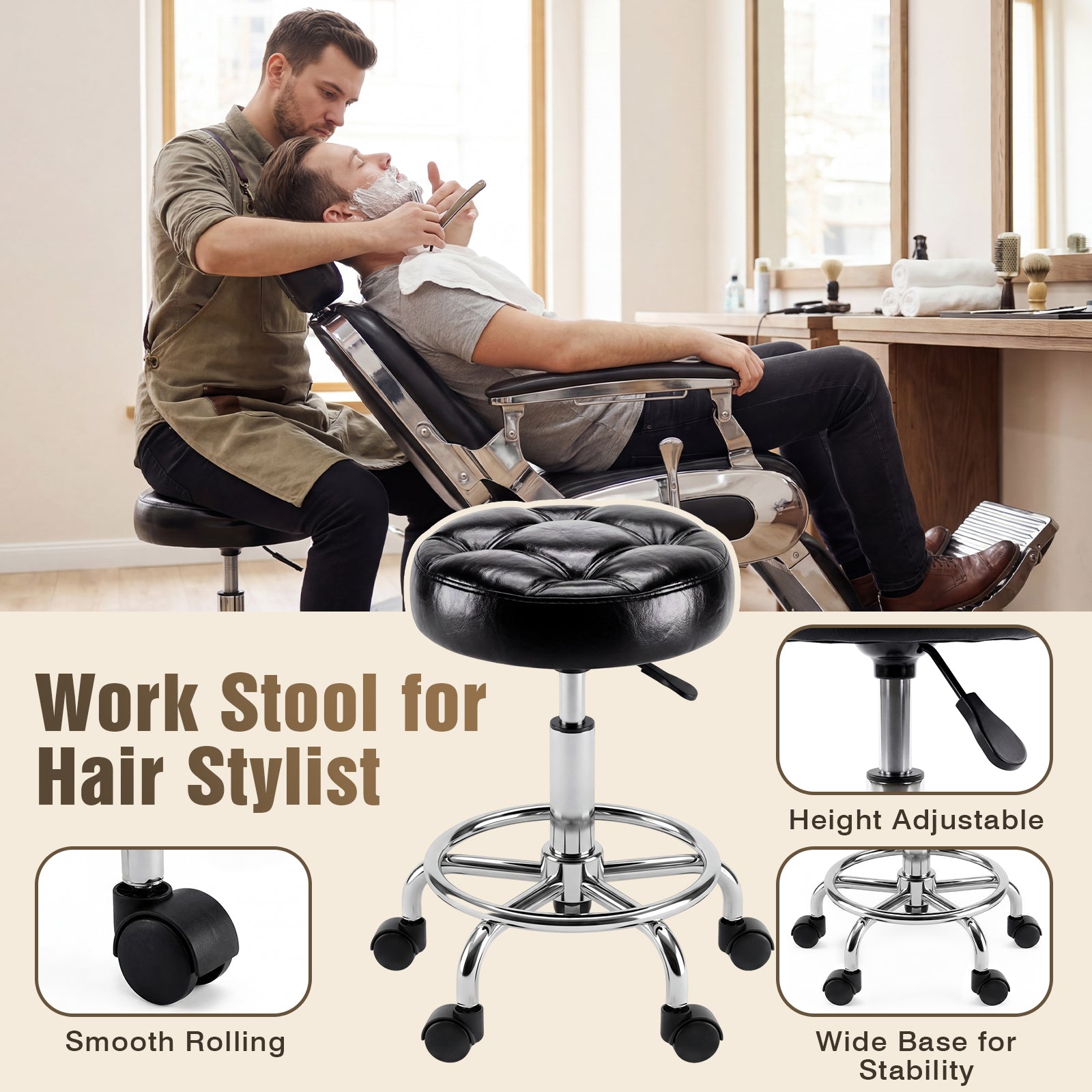 Hair stylist using a height-adjustable stool in a salon setting