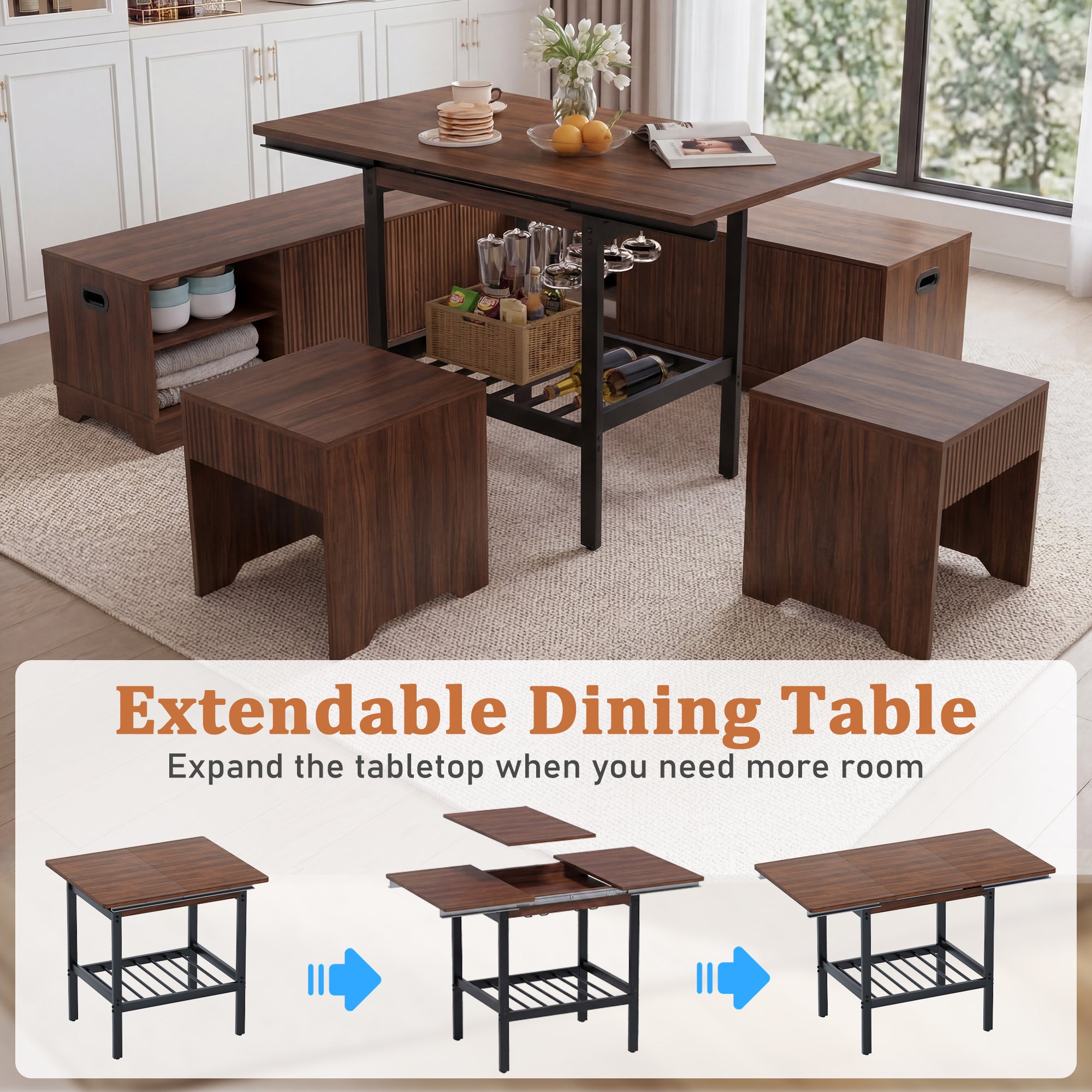 Extendable dining table with stools in a room setting, showing the table expanding.