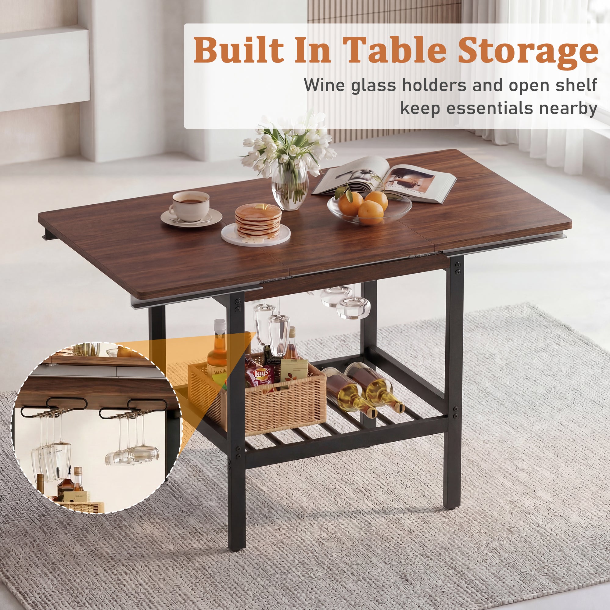 Wooden table with storage shelves in a living room setting