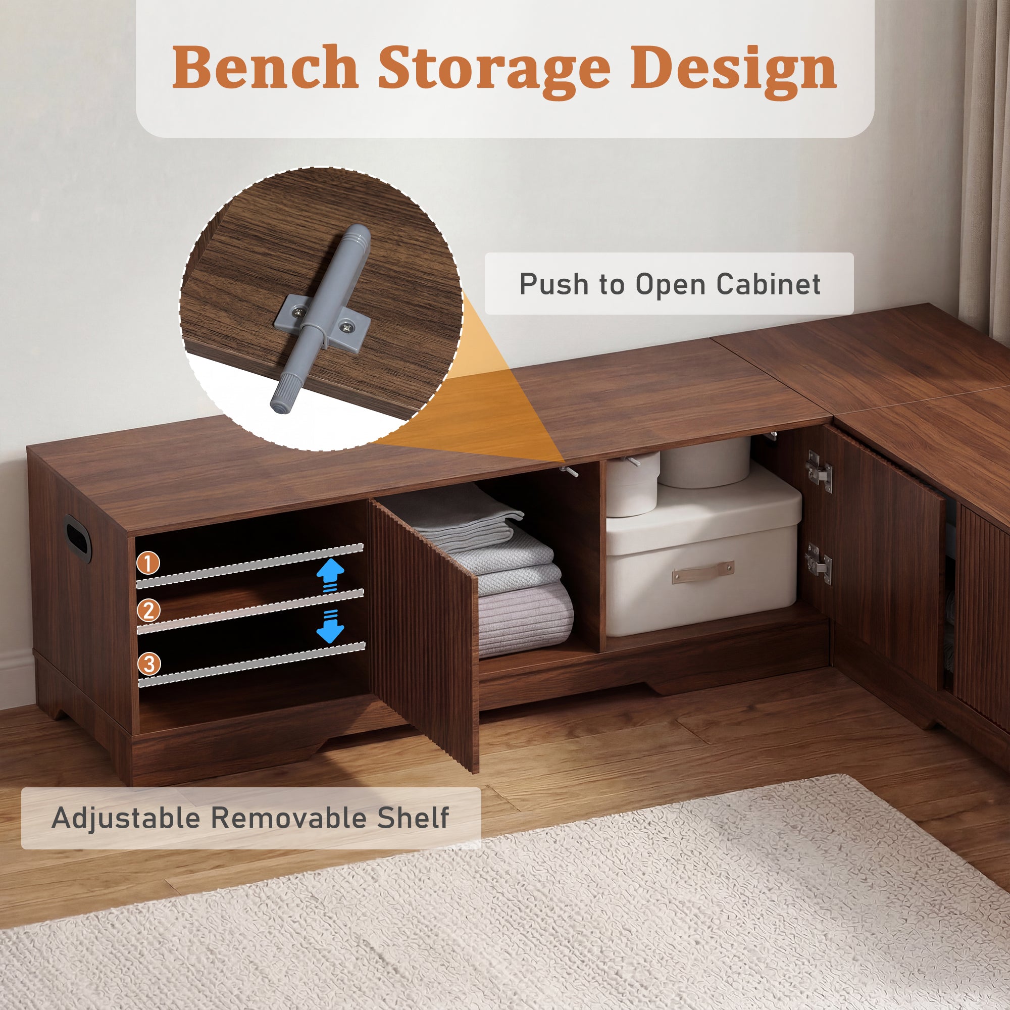 Wooden bench with storage compartments and open cabinet showing adjustable shelves.