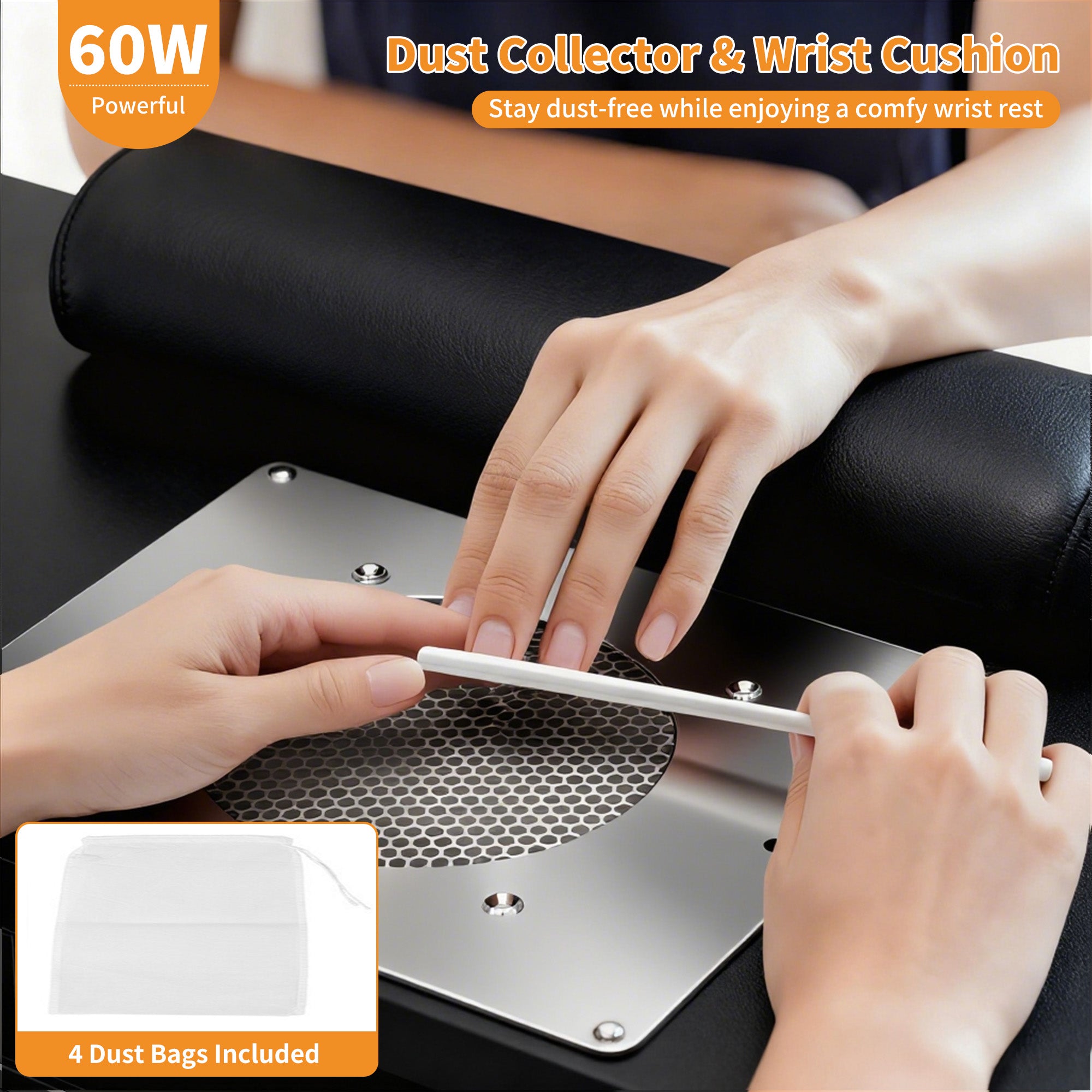 Nail care tool with a dust collector and wrist cushion, showing hands using the tool.