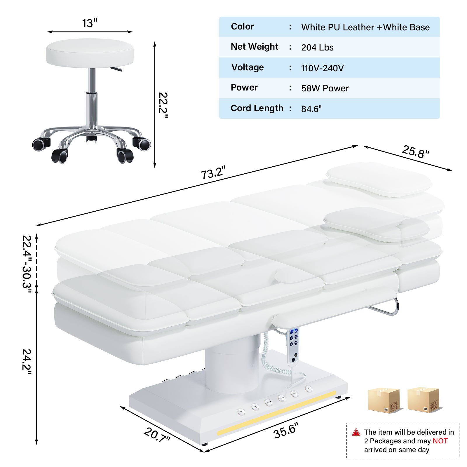 White massage table with dimensions and specifications on a white background