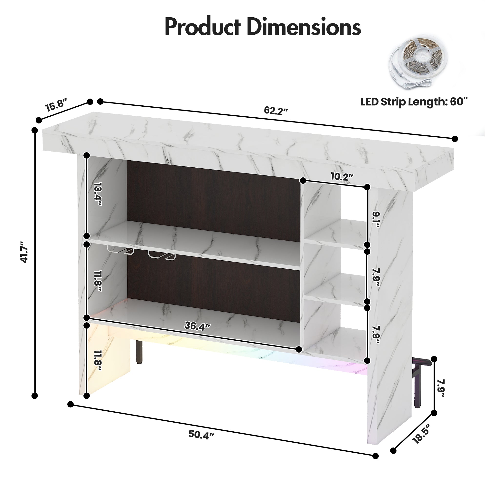 Dimensions of a white marble-patterned TV stand with LED strip length indicated.