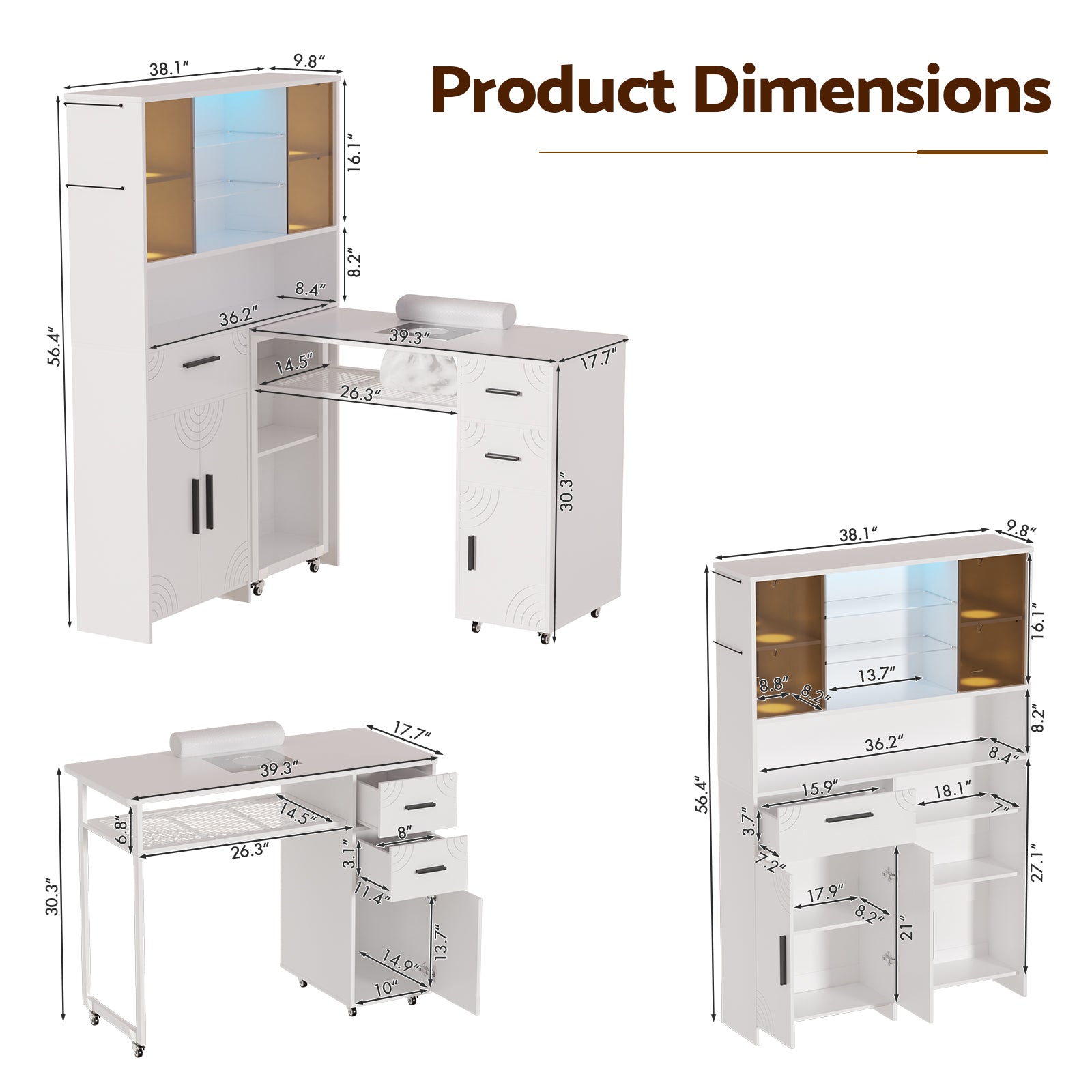 Advwin Nail Table w/ Double Tabletop & 3 Adjustable Shelves