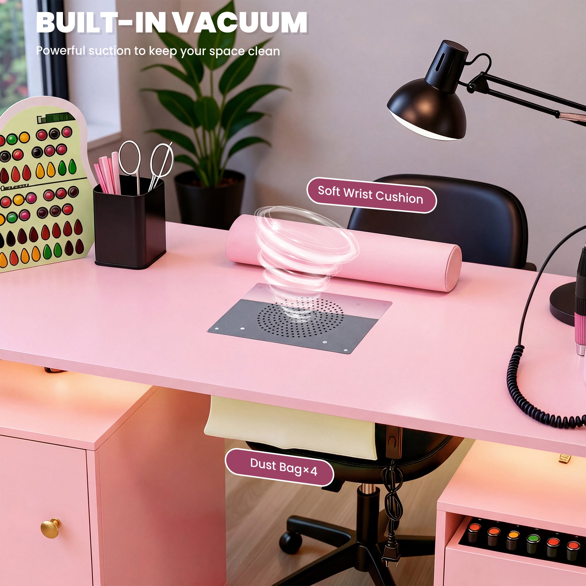 Advwin Nail Table w/ Dust Collector & Lockable Wheels Pink