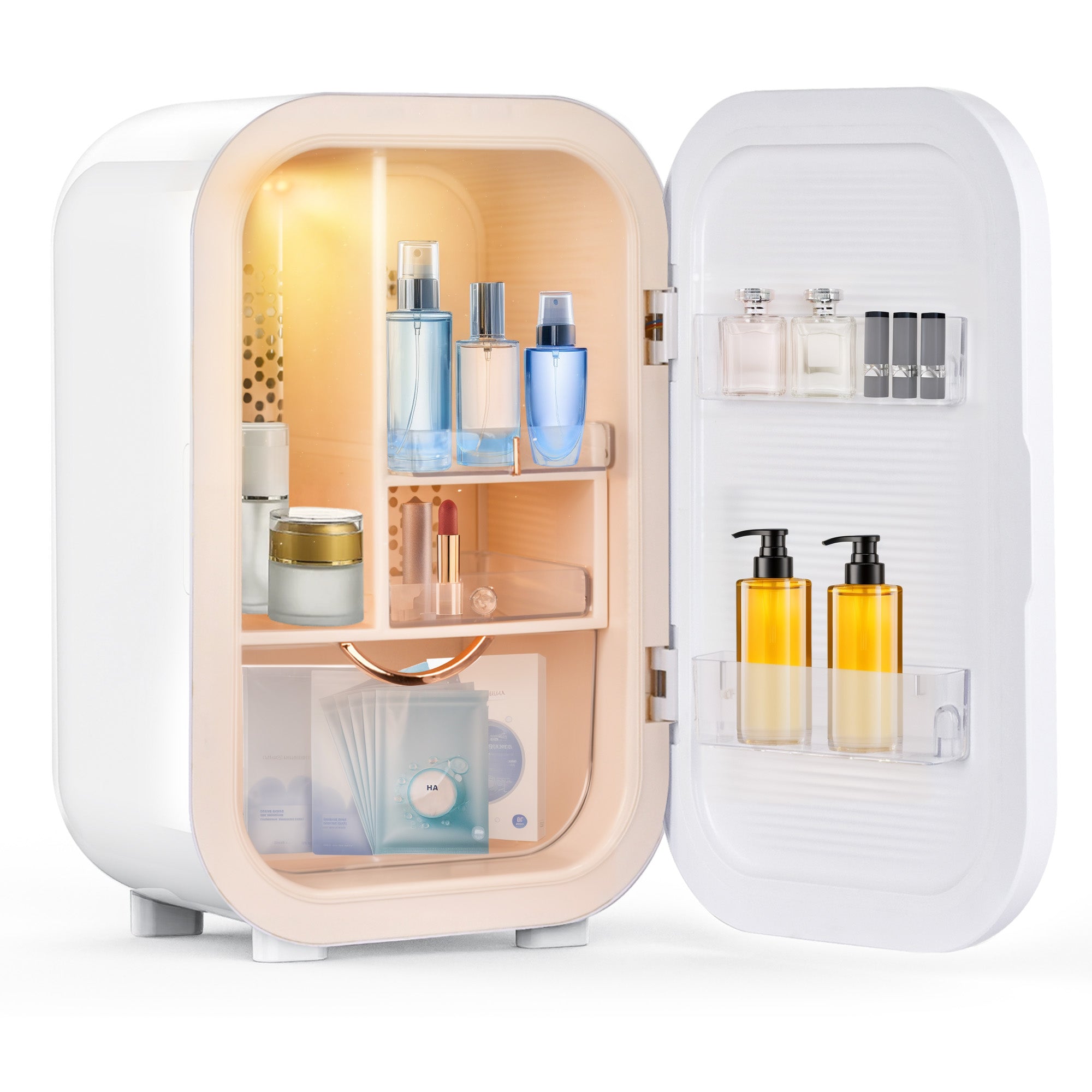 Small refrigerator with beauty products inside on a white background