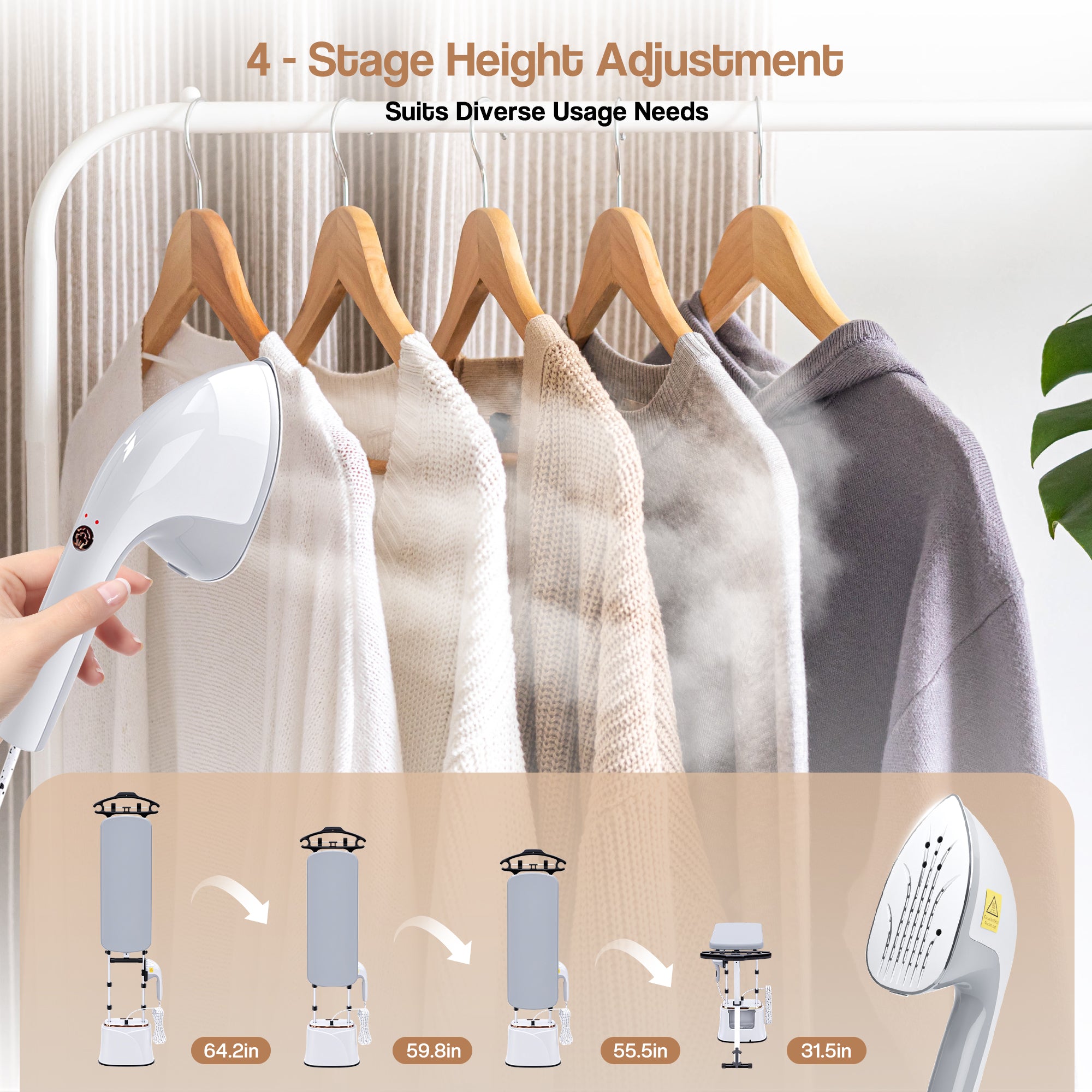 Handheld steamer with four-stage height adjustment feature over clothes on hangers.