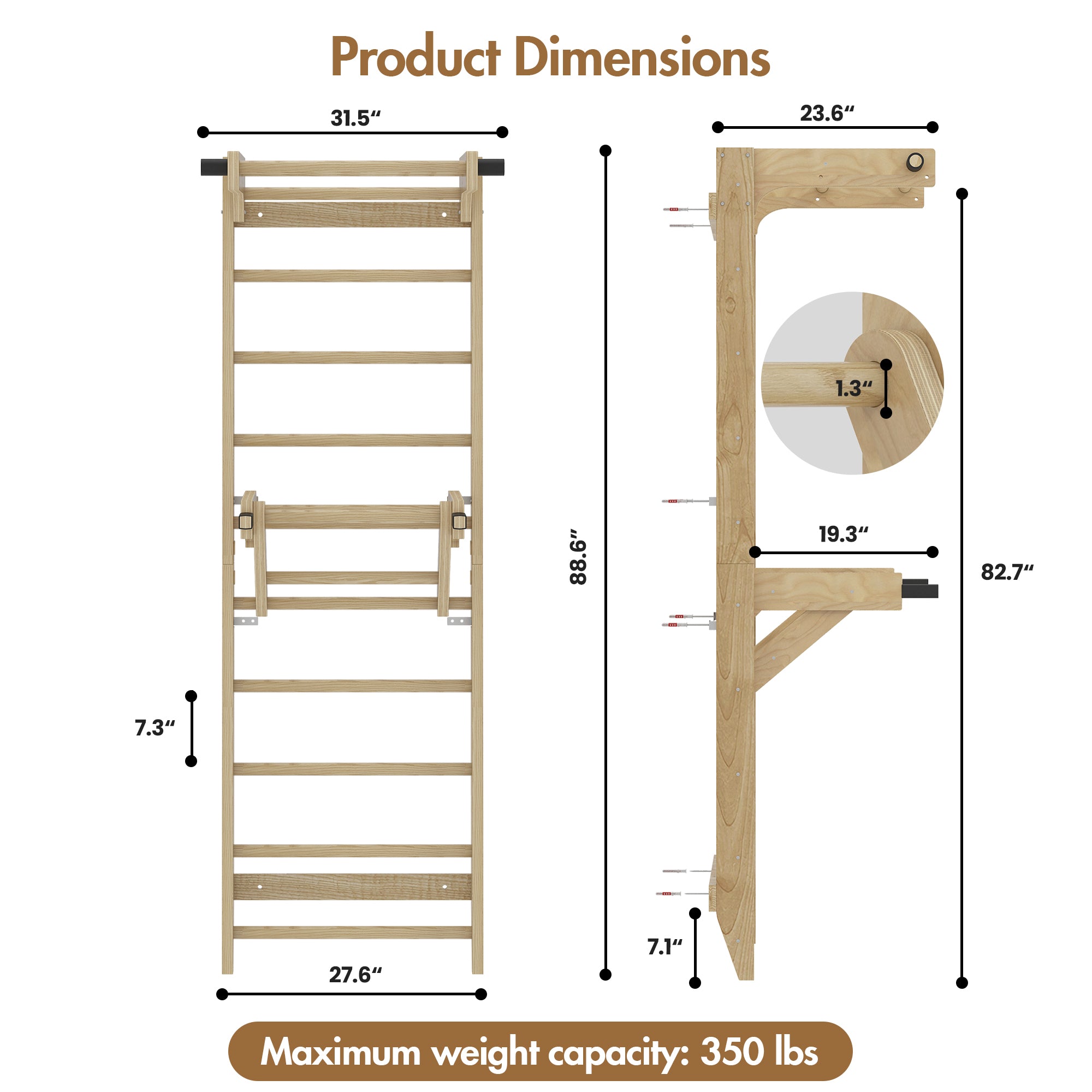 Advwin Swedish Ladder Wall Bar w/ Adjustable Pull-Up Bar