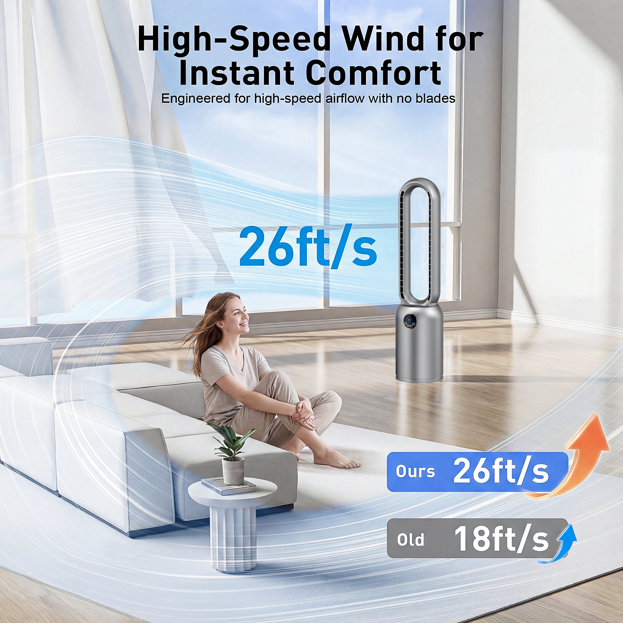 Woman sitting on a couch in a modern living room with a Dyson air multiplier fan, highlighting high-speed airflow.