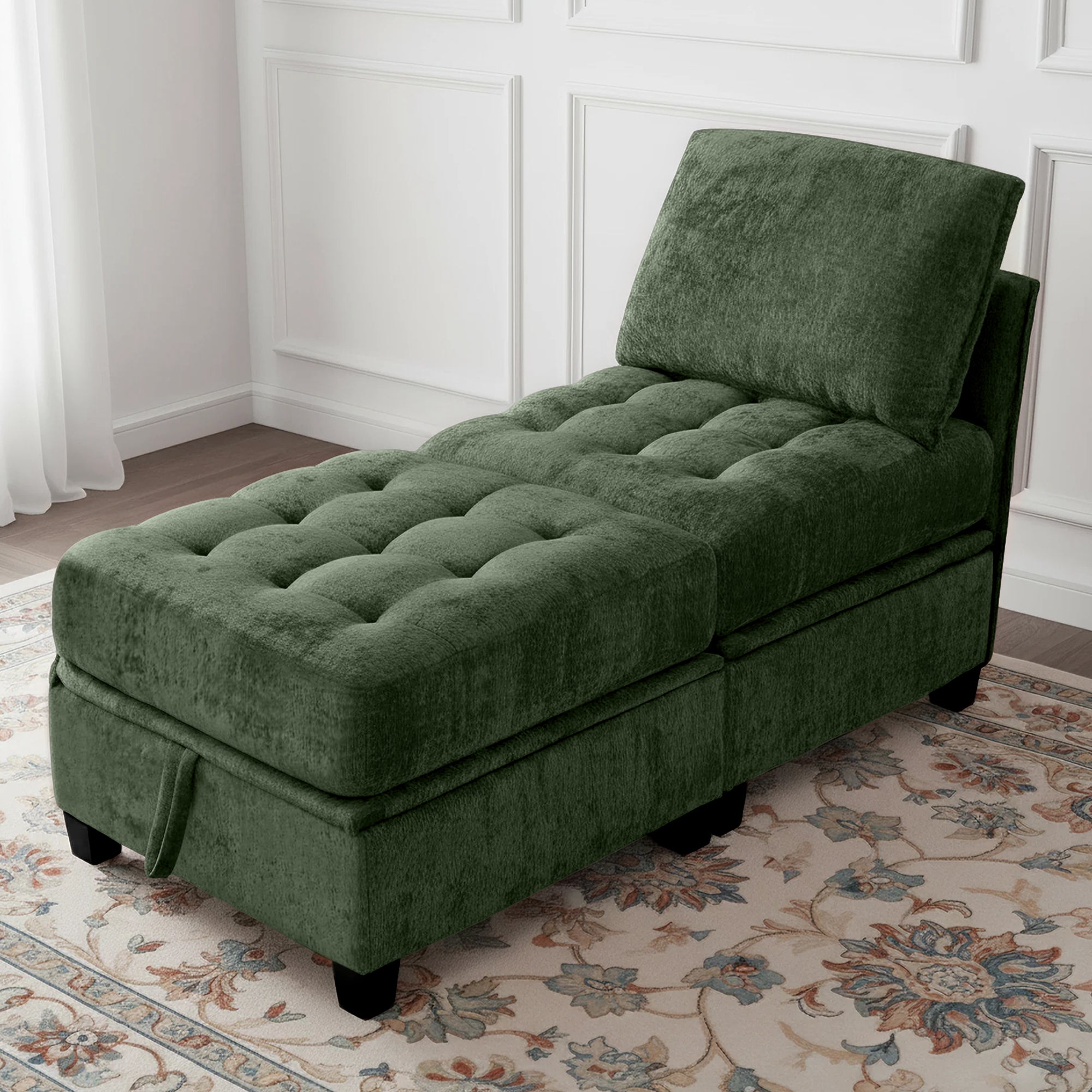 Green upholstered bench with tufted design in a room with white walls and a patterned rug.