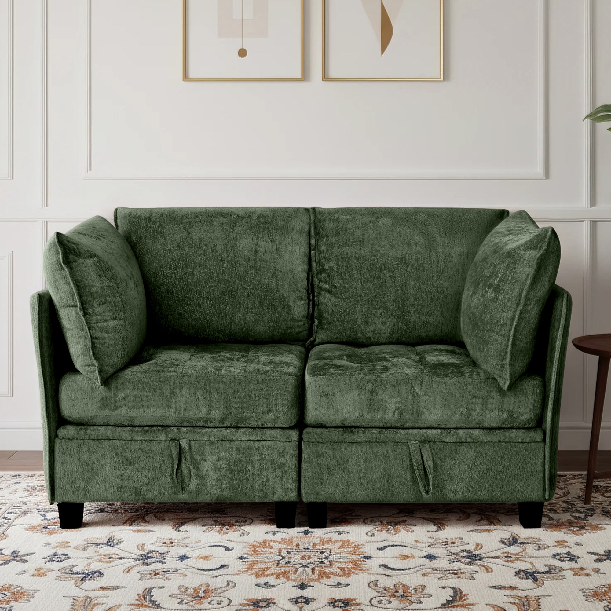 Green sofa in a room with decorative elements