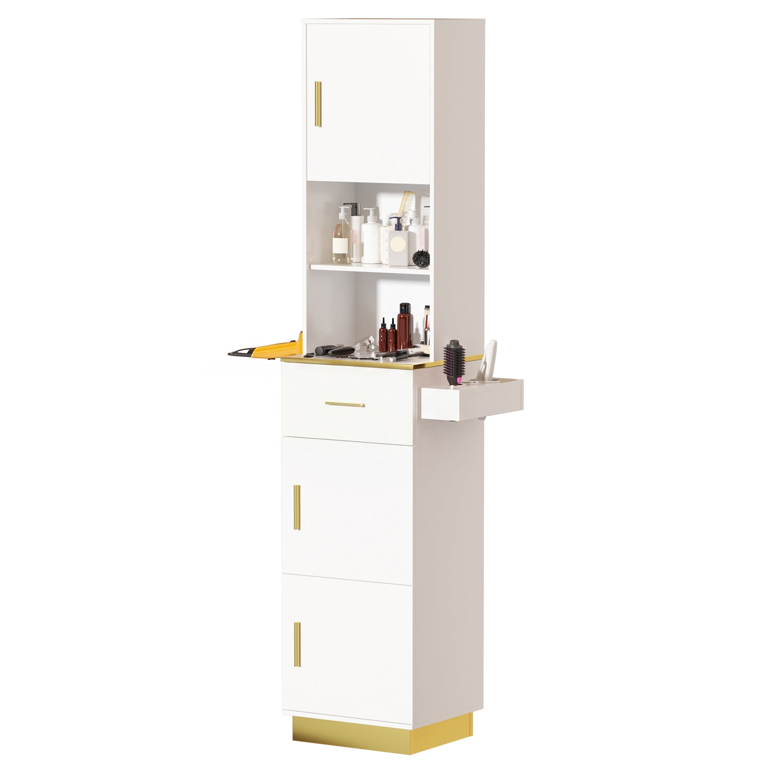 White and gold cabinet with cosmetic items on a white background