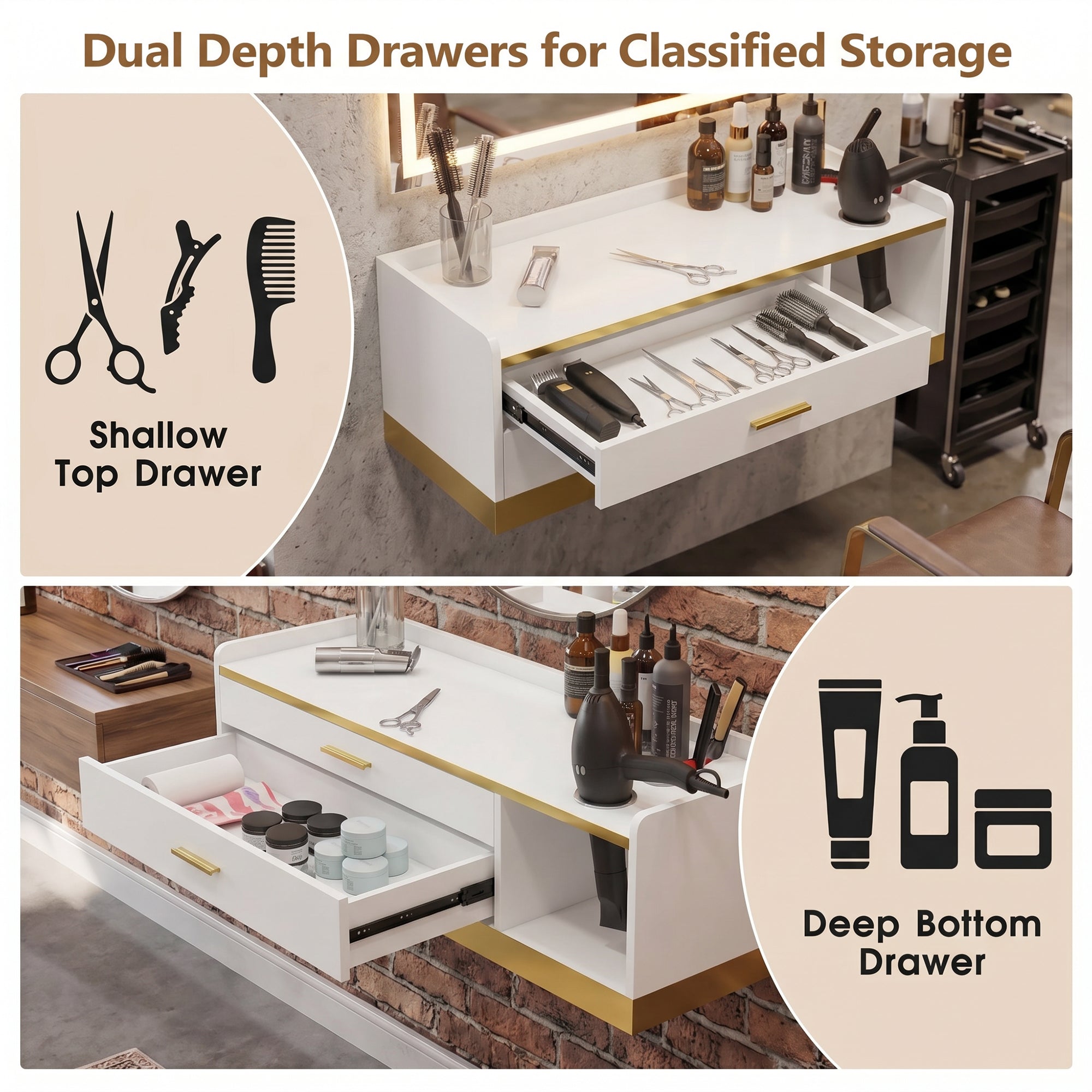 Advwin Wall Mount Barber Desk w/ Gold Accent