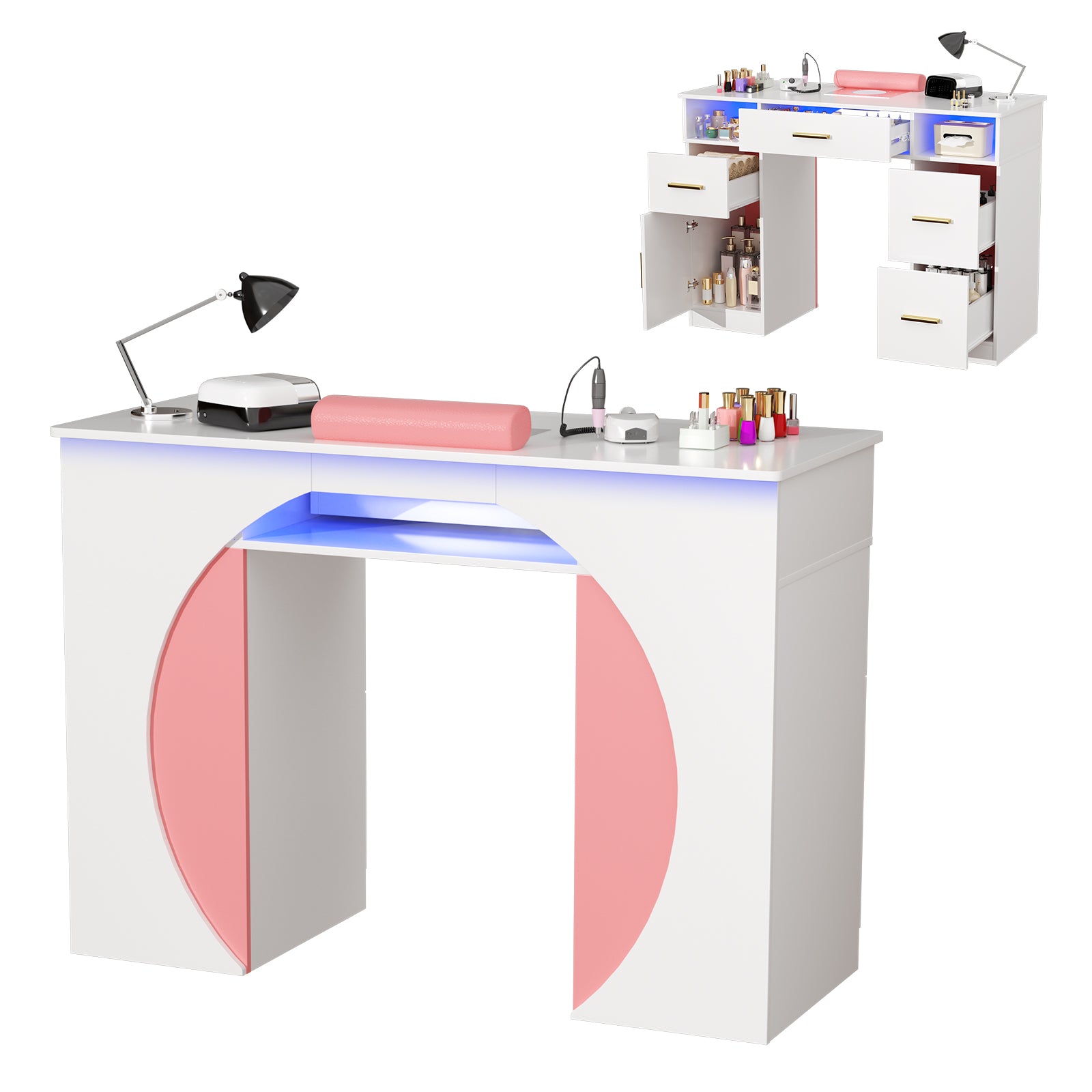 White and pink nail salon desk with LED lighting, drawers, and stationery.