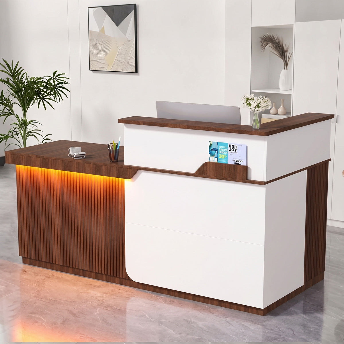 Advwin L-Shape Fluted Reception Desk w/ Counter & LED