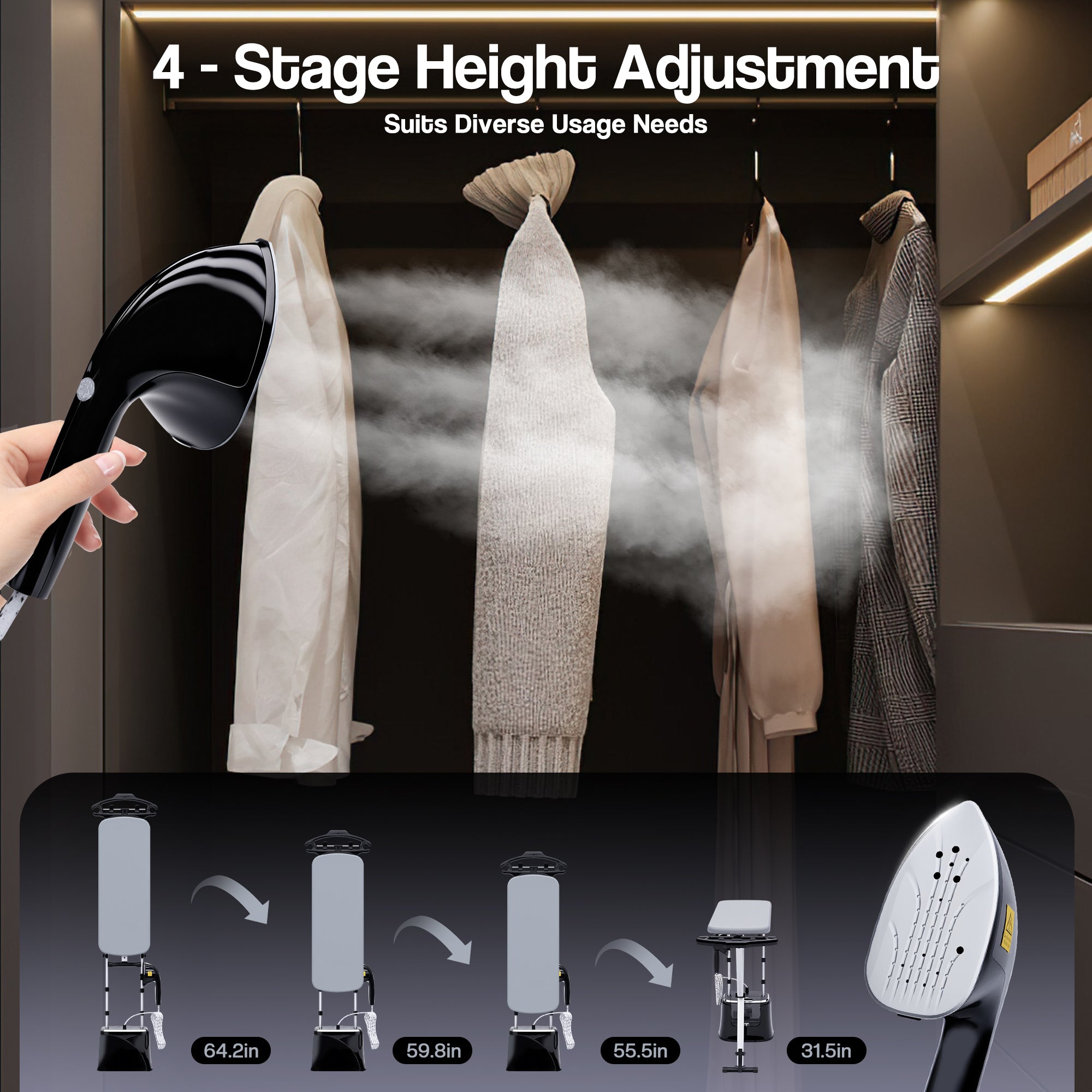 Steam cleaner being used on clothes with height adjustment features displayed below.