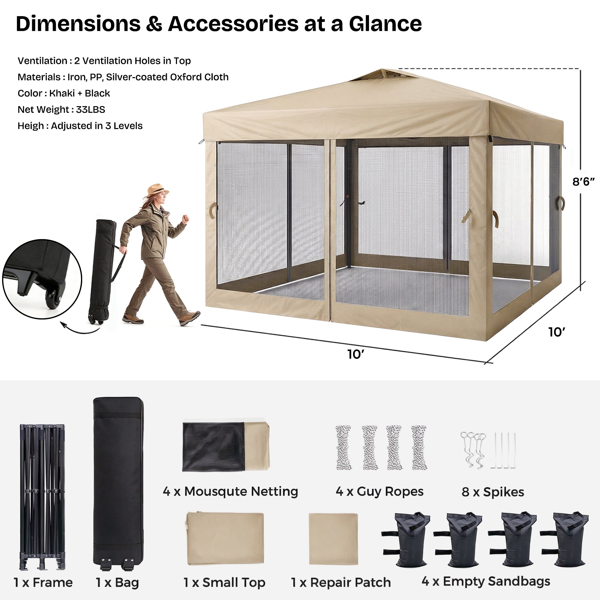 Gazebo with dimensions and accessories listed, including a person for scale.