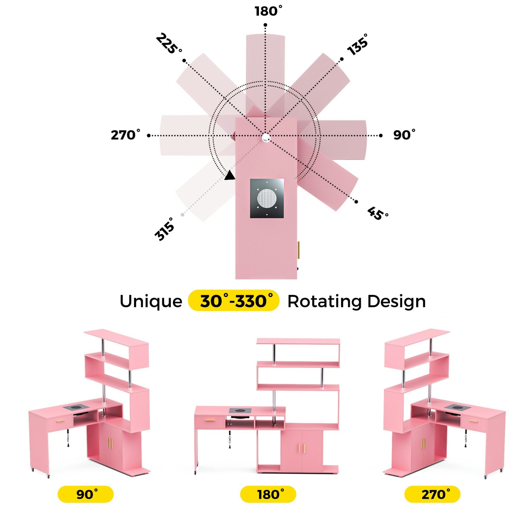 Advwin Rotating Manicure Table Nail Desk with Stool L-Shaped Nail