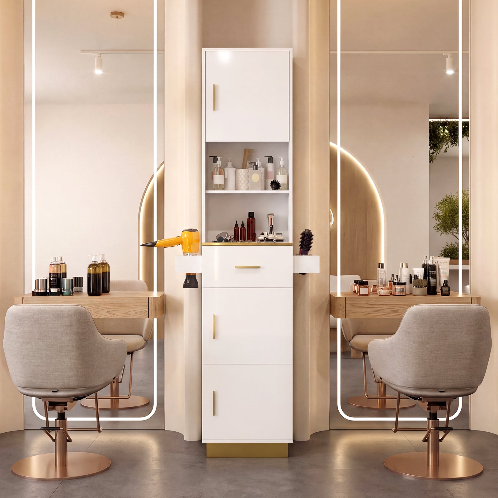 Salon styling station with mirrors, chairs, and various products.