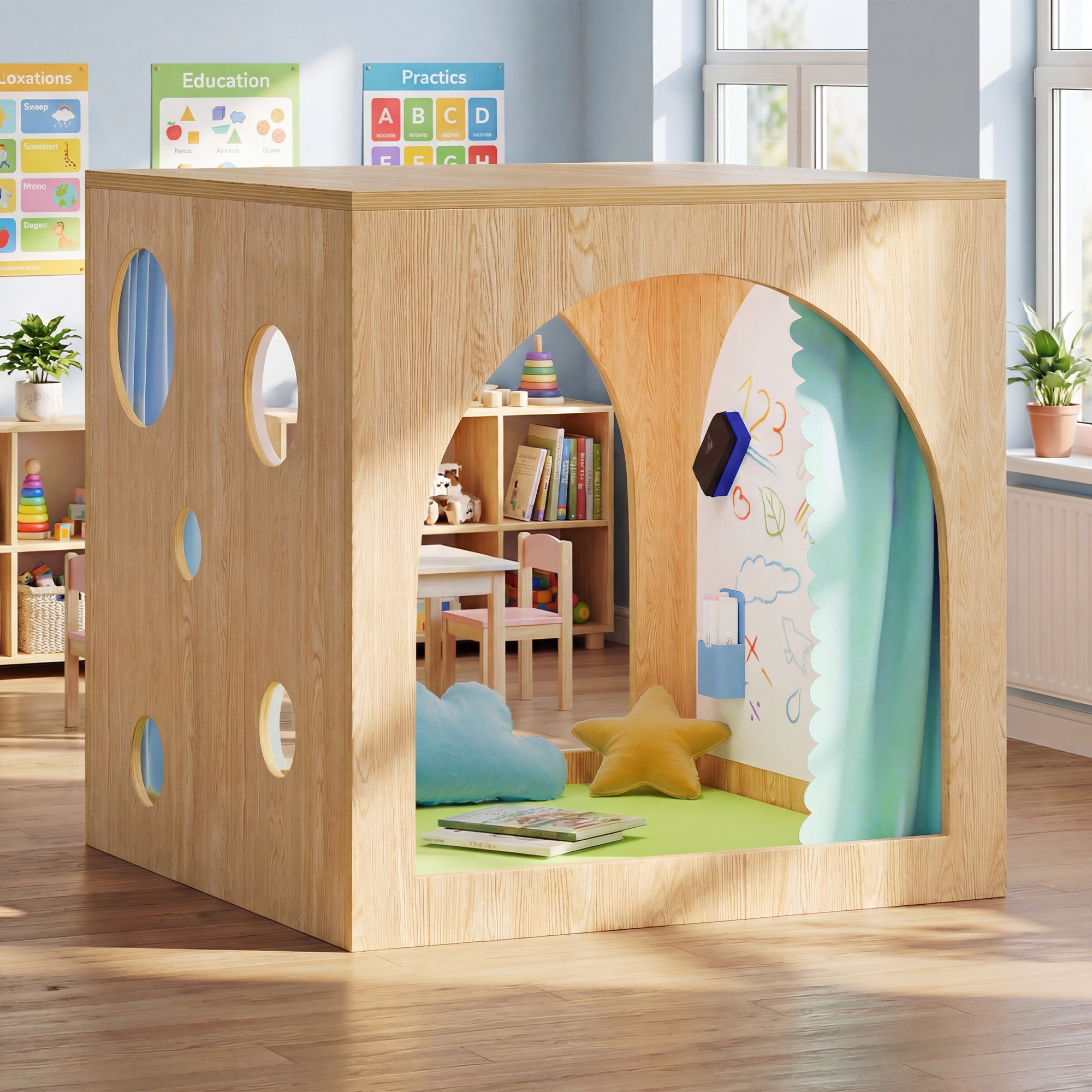 Wooden playhouse with colorful cutouts in a child's room