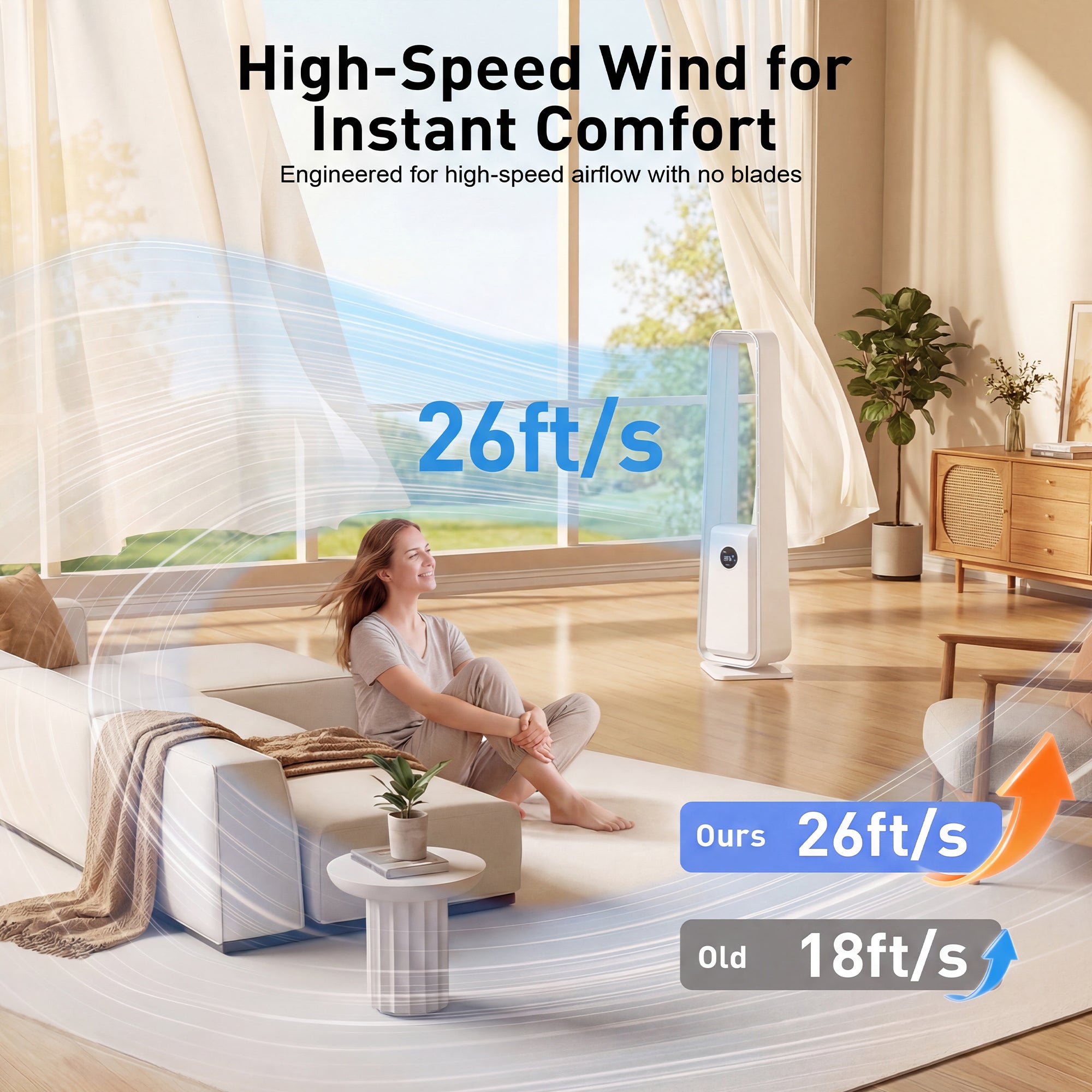 Woman sitting on a couch in a living room with a high-speed air conditioner, showing text about high-speed airflow.