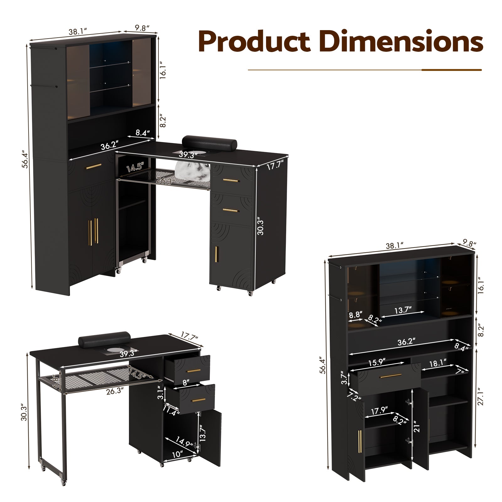 Advwin Nail Table w/ Double Tabletop & 3 Adjustable Shelves