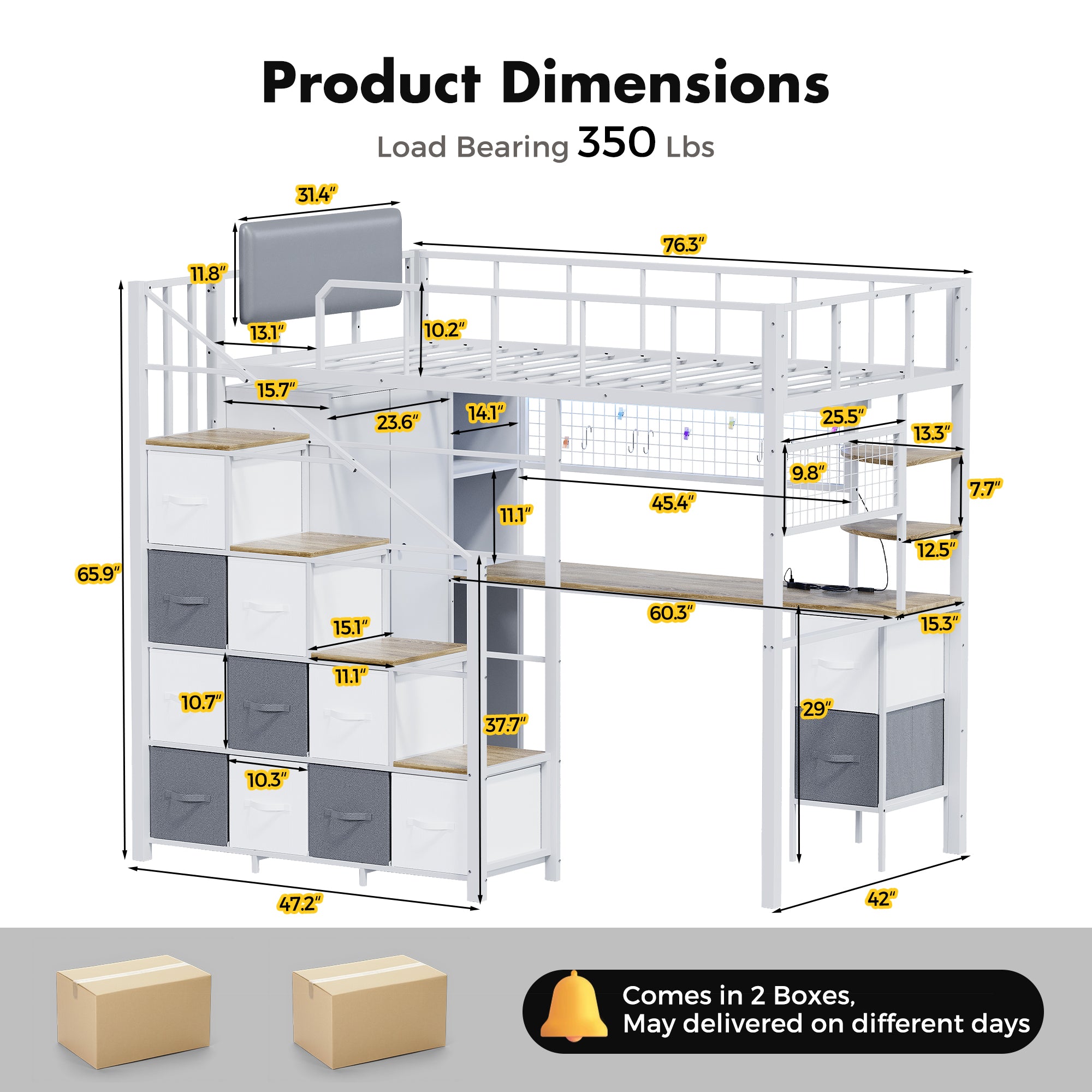 Advwin Space-Saving Loft Bed with LED Light & Drawers