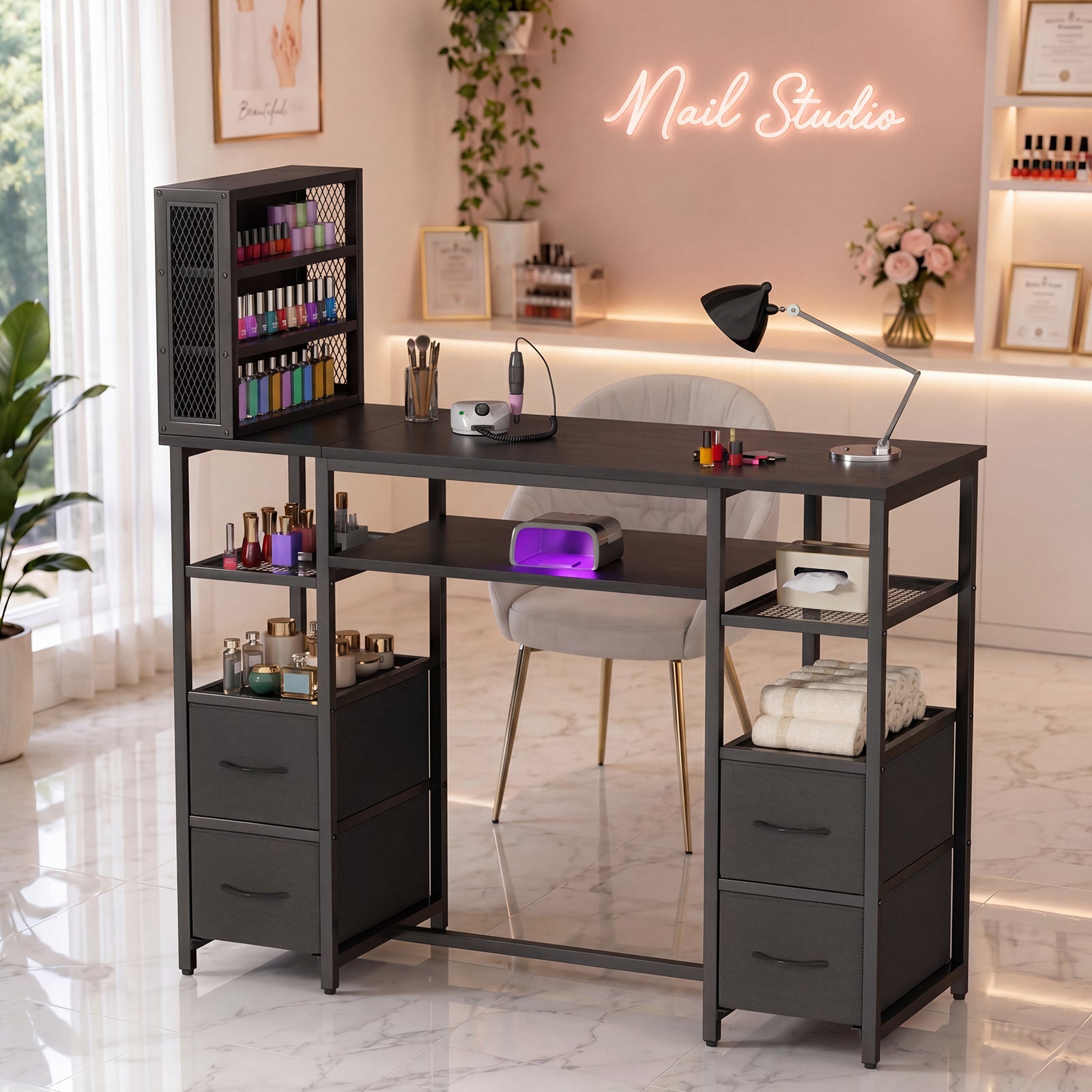 Advwin Double Tabletop Nail Desk w/ 3-Tier Storage Rack