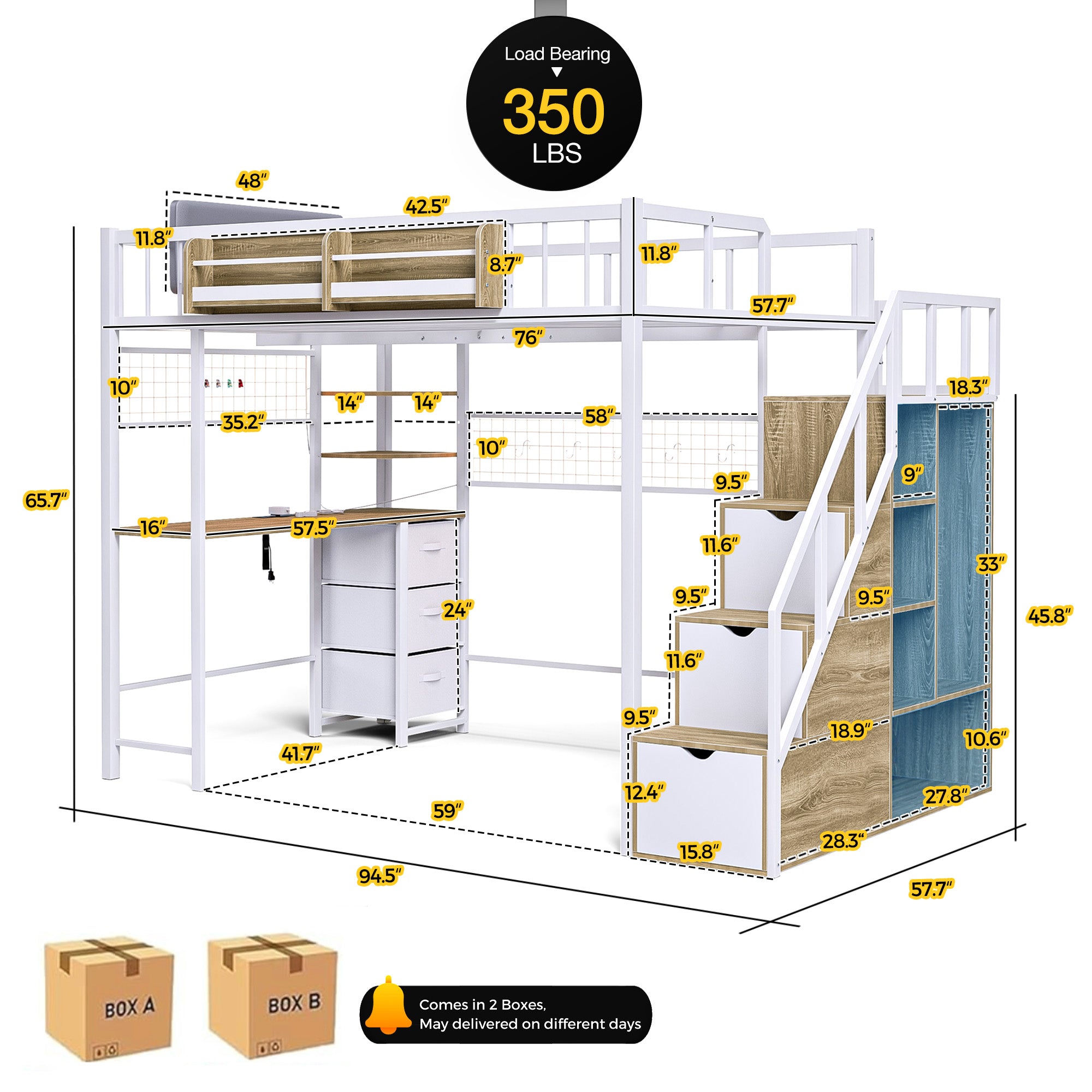 Advwin Loft Bed with Desk and Stairs