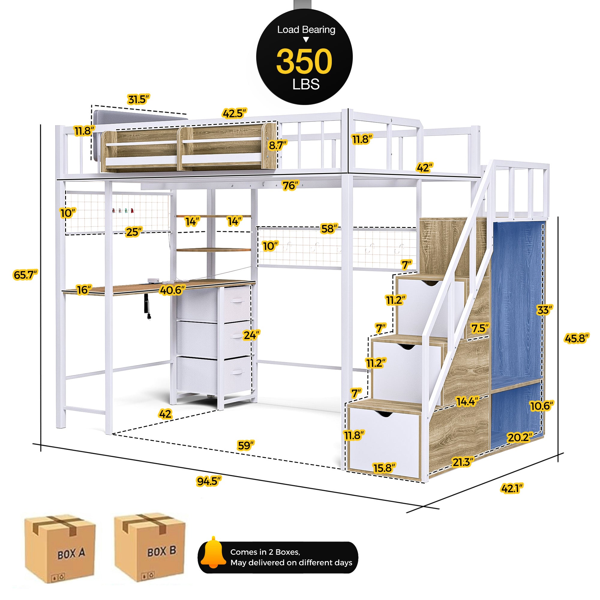 Advwin Loft Bed with Desk and Stairs