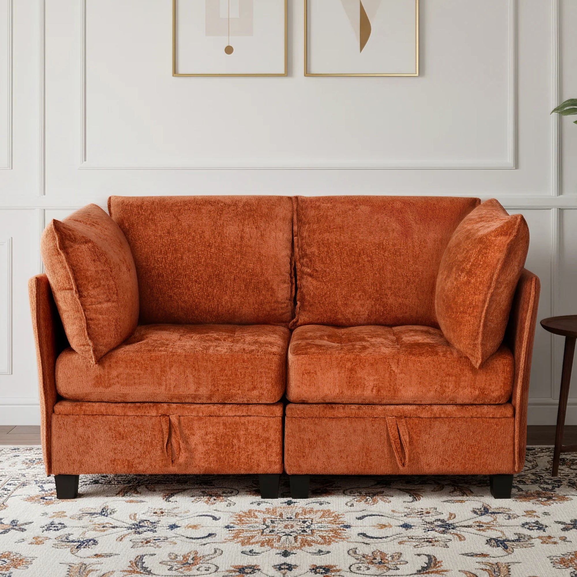 Orange sofa in a room with decorative elements