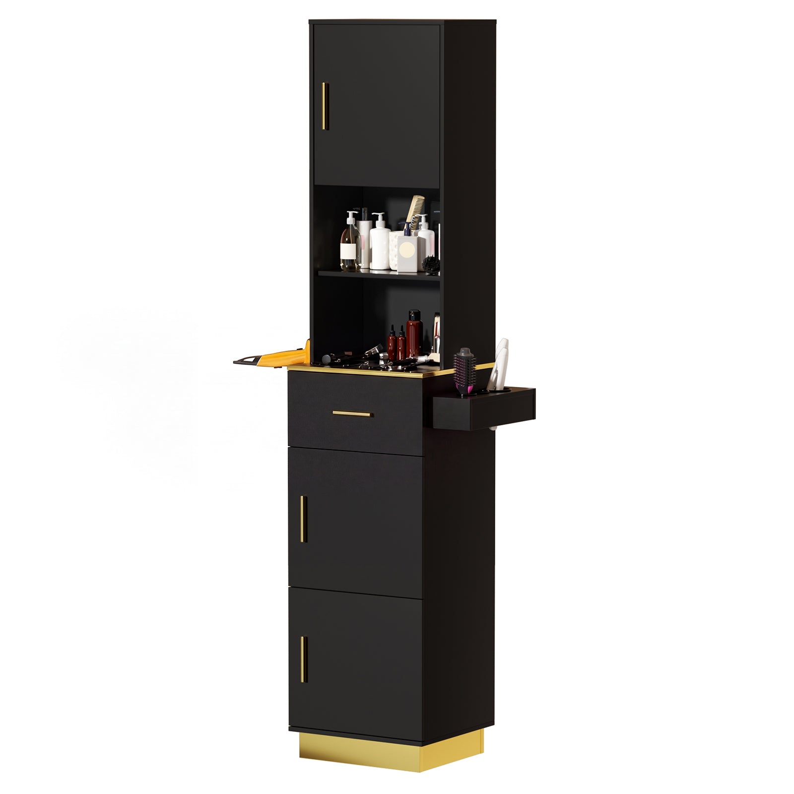 Black and gold cabinet with cosmetic products on a white background