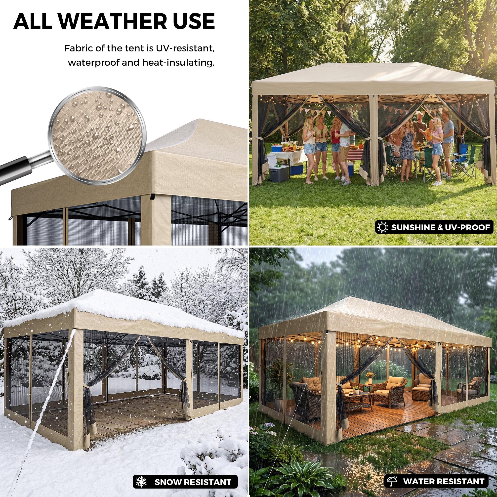 Collage of a tent with text highlighting its features for all weather use.