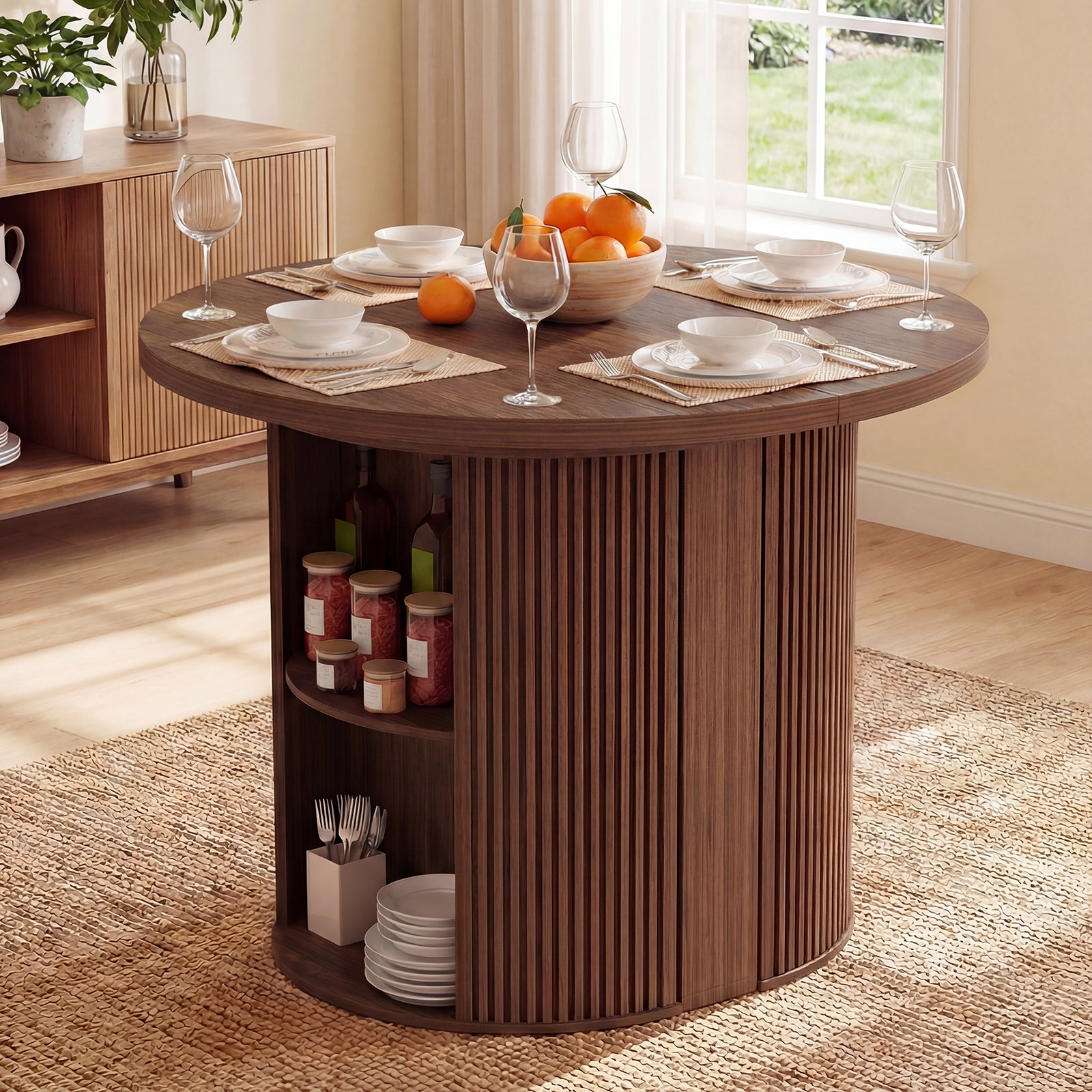 Wooden round kitchen island with shelves, plates, glasses, and fruit in a home setting.