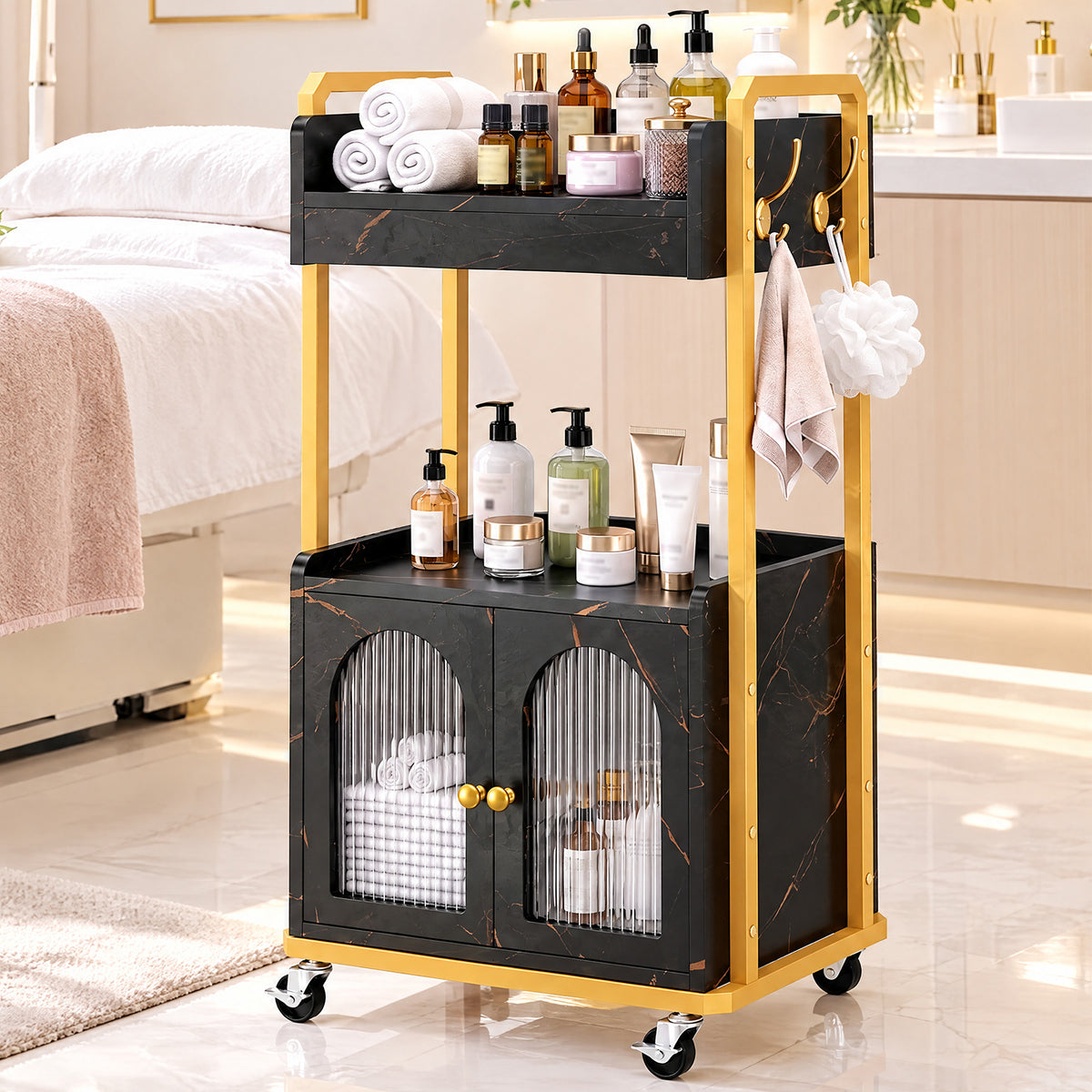 Advwin Rolling Salon Cart with Glass Door Cabinet