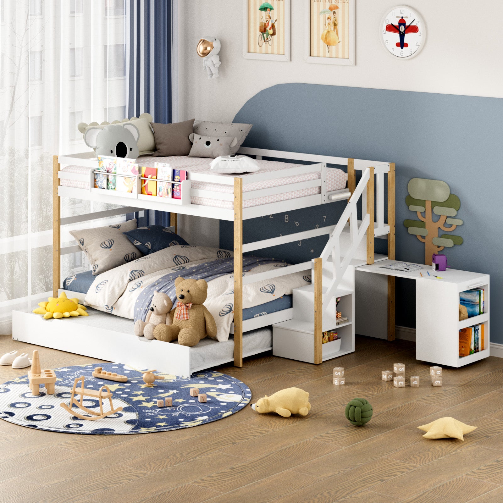 Children's bedroom with a bunk bed, toys, and furniture.